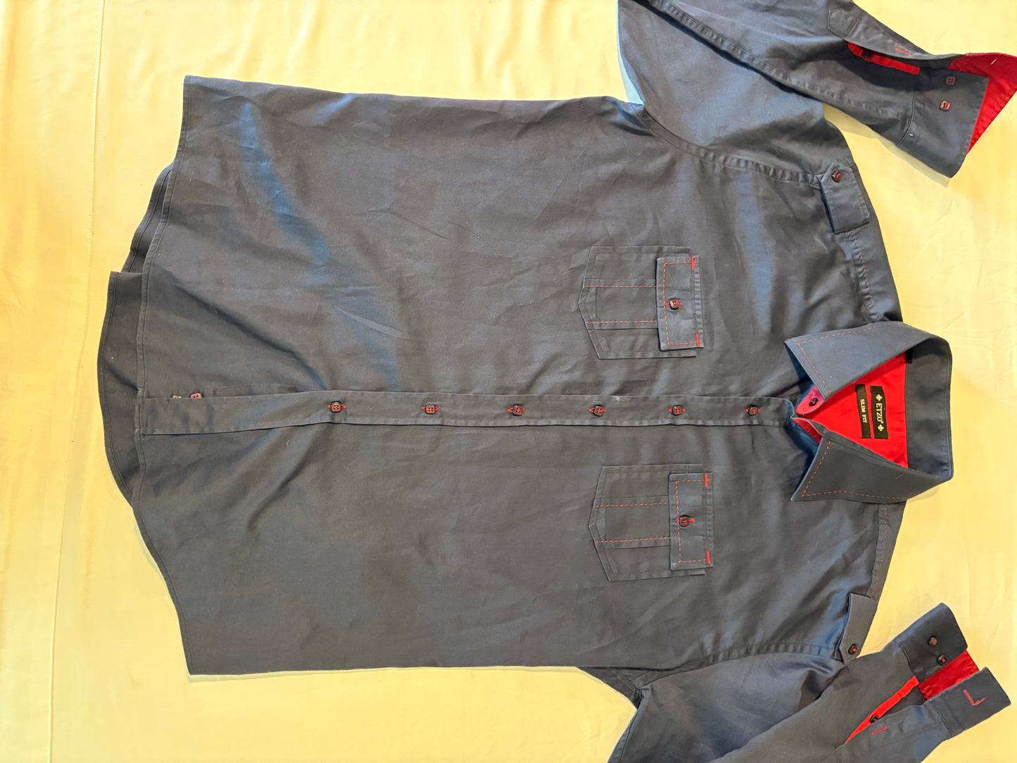 Etizo Slim Fit Mens Shirt Size L Blue Red Contrast Stitch Long Sleeve Casual