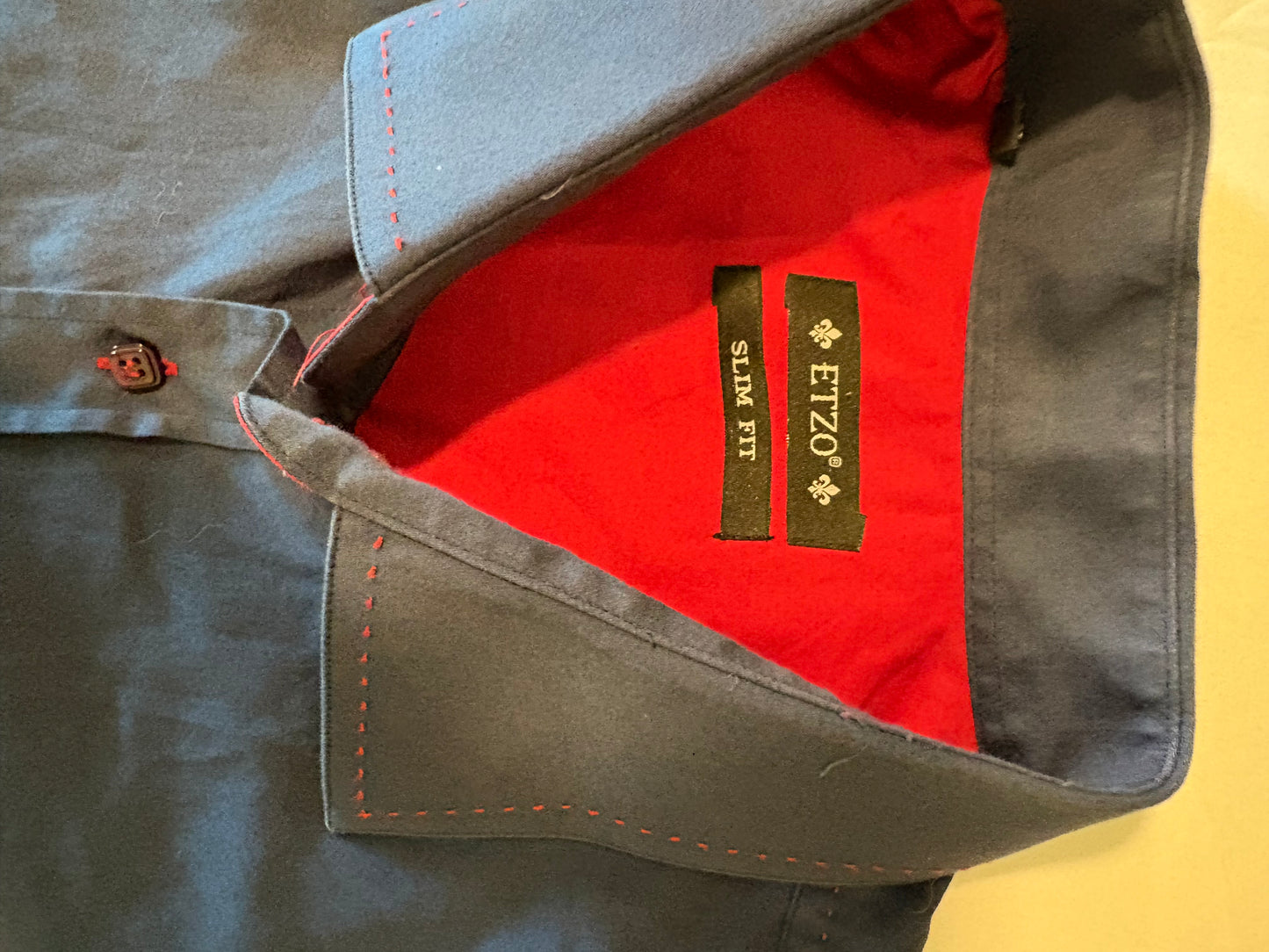Etizo Slim Fit Mens Shirt Size L Blue Red Contrast Stitch Long Sleeve Casual