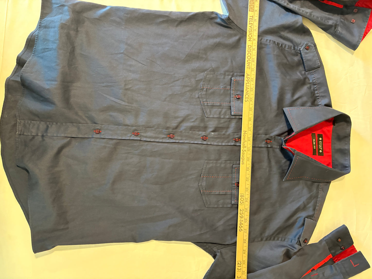 Etizo Slim Fit Mens Shirt Size L Blue Red Contrast Stitch Long Sleeve Casual
