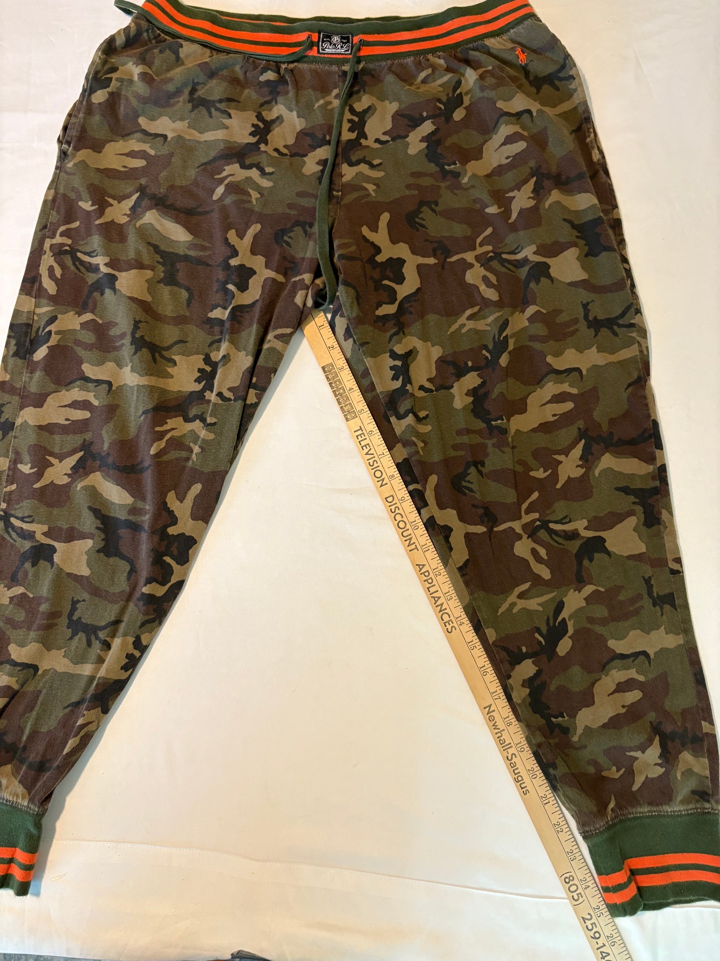 Polo RL Camo Jogger Pants Men's Size M Drawstring Waist Green Orange Trim