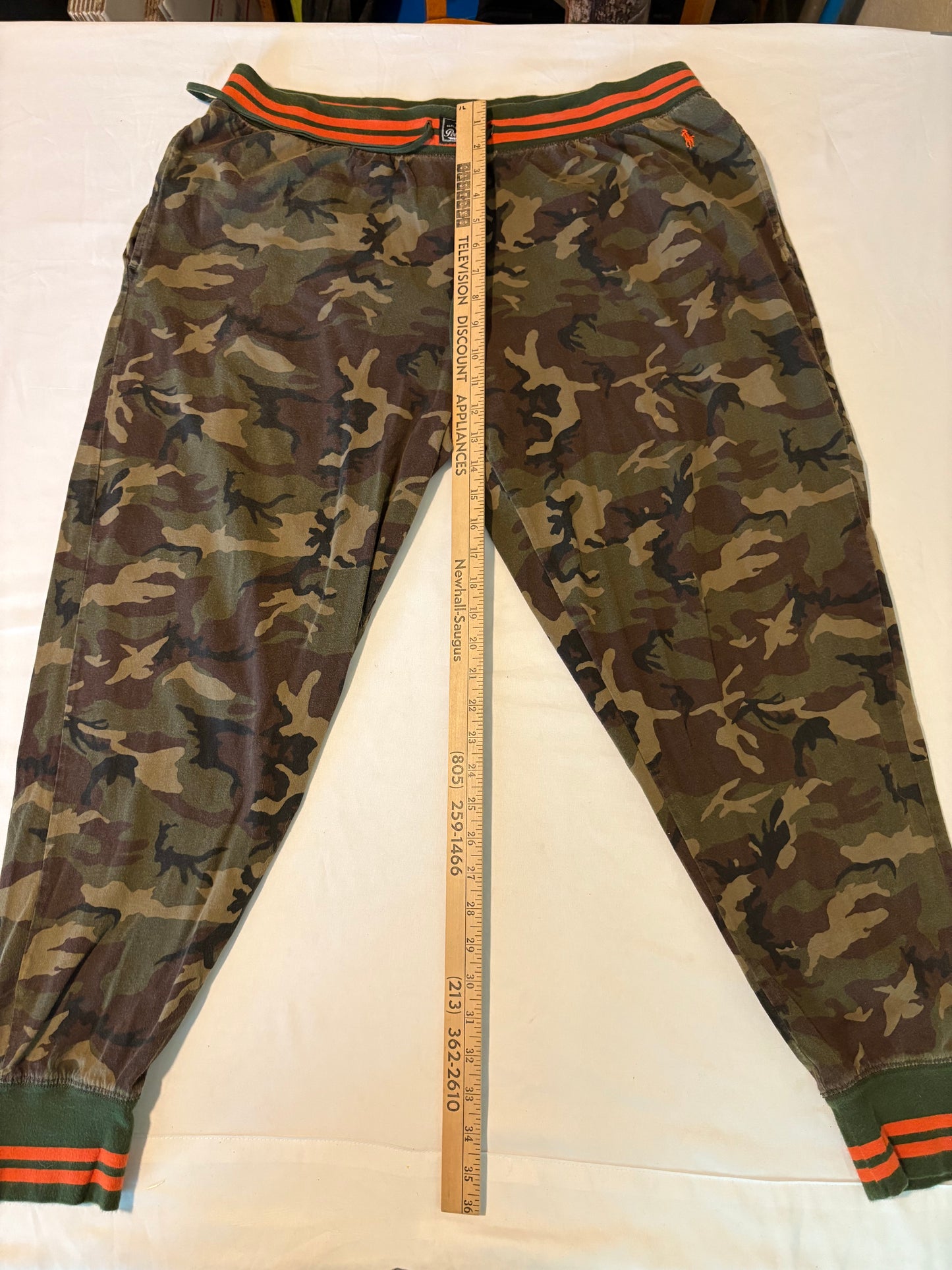 Polo RL Camo Jogger Pants Men's Size M Drawstring Waist Green Orange Trim