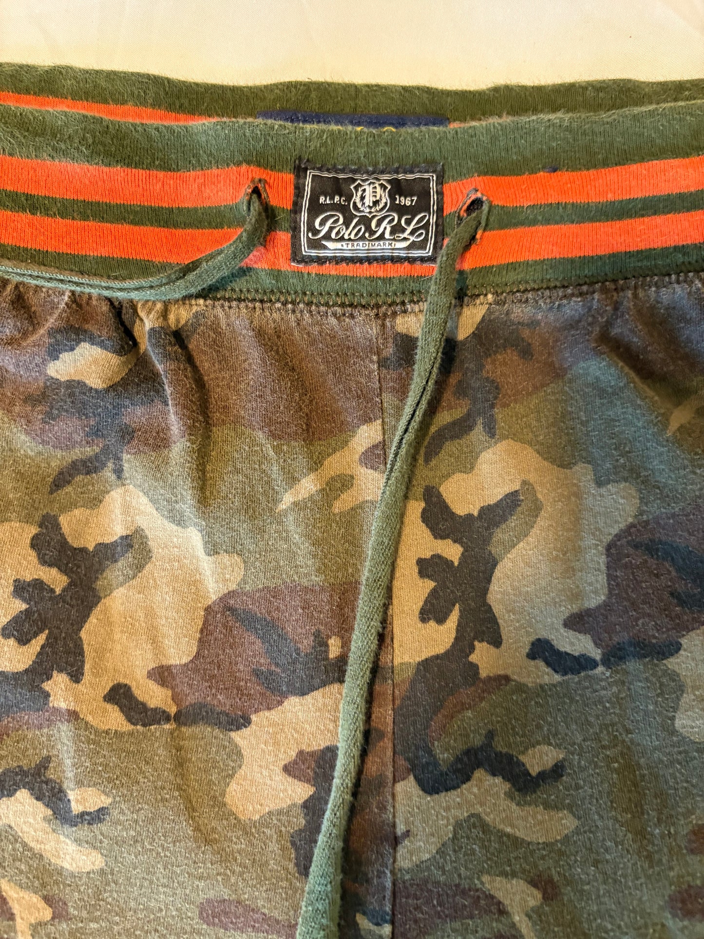 Polo RL Camo Jogger Pants Men's Size M Drawstring Waist Green Orange Trim