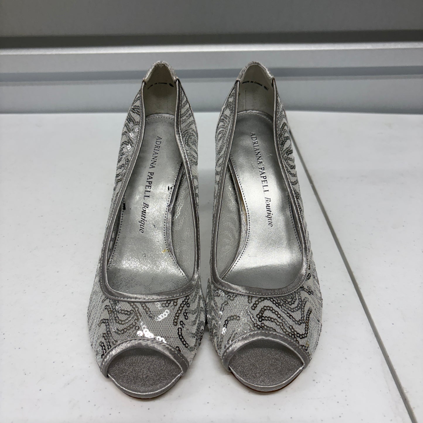 Adrianna Papell Boutique Peep Toe Heels Womens 8.5 Silver Sequin Formal
