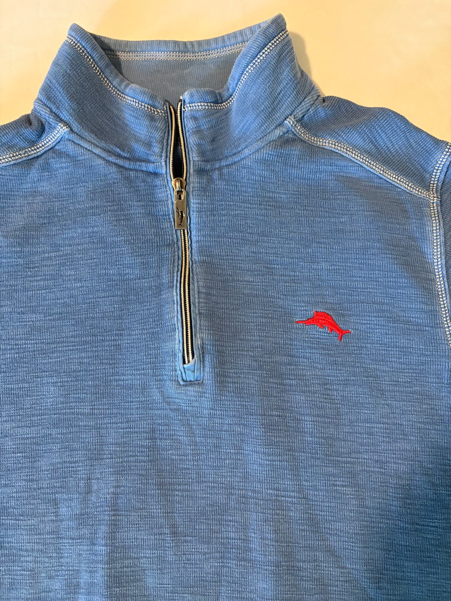 Tommy Bahama Men’s 1/4 Zip Pullover Sweatshirt Blue Large Red Marlin Logo Casual