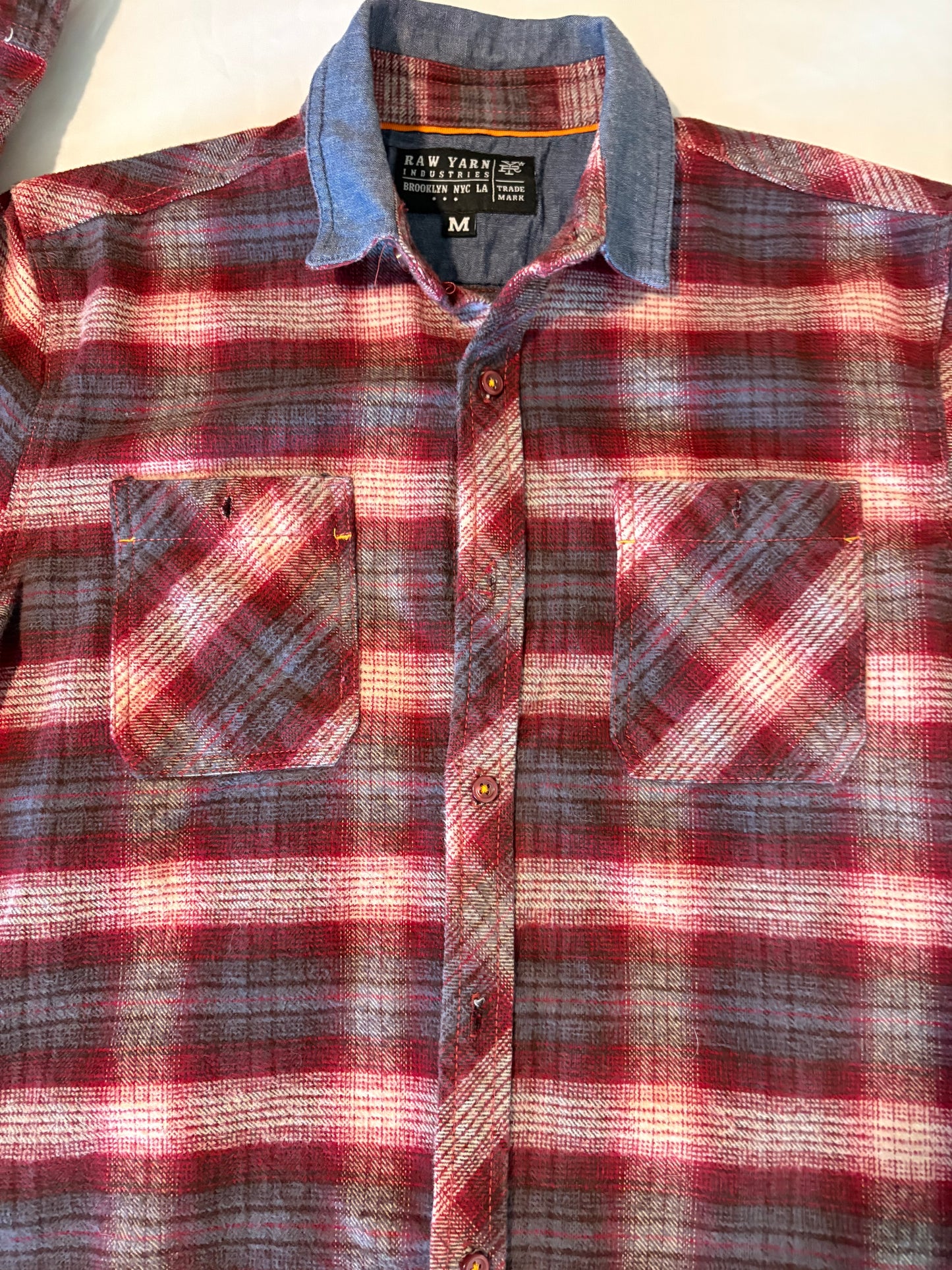 Raw Yarn Industries Plaid Flannel Shirt Red Gray Chambray Collar Size M