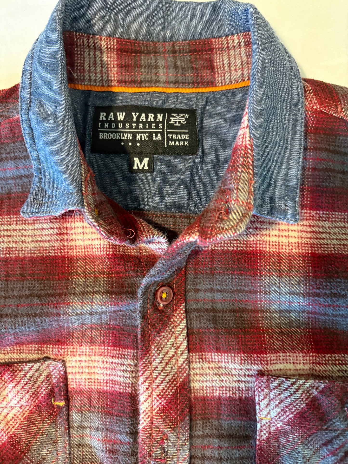 Raw Yarn Industries Plaid Flannel Shirt Red Gray Chambray Collar Size M