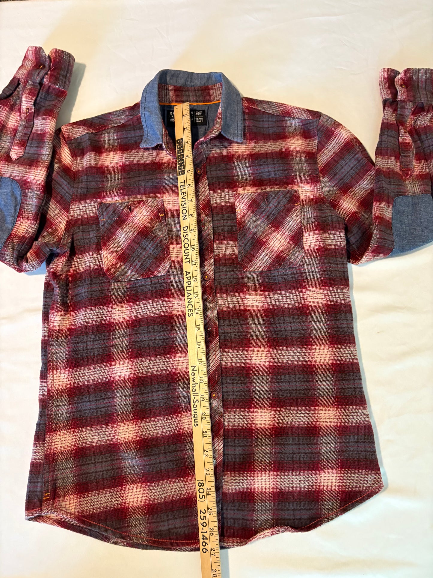 Raw Yarn Industries Plaid Flannel Shirt Red Gray Chambray Collar Size M