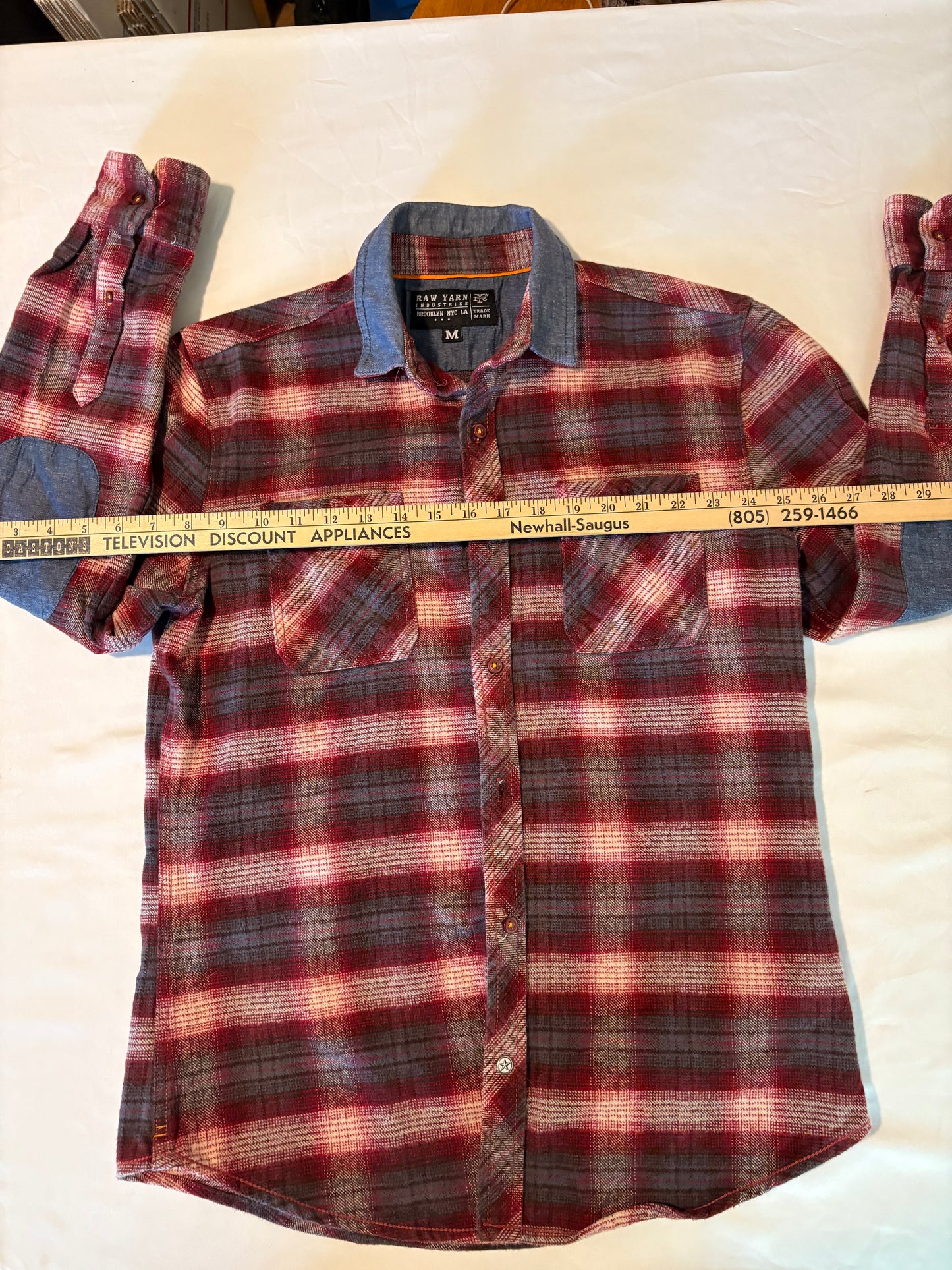 Raw Yarn Industries Plaid Flannel Shirt Red Gray Chambray Collar Size M