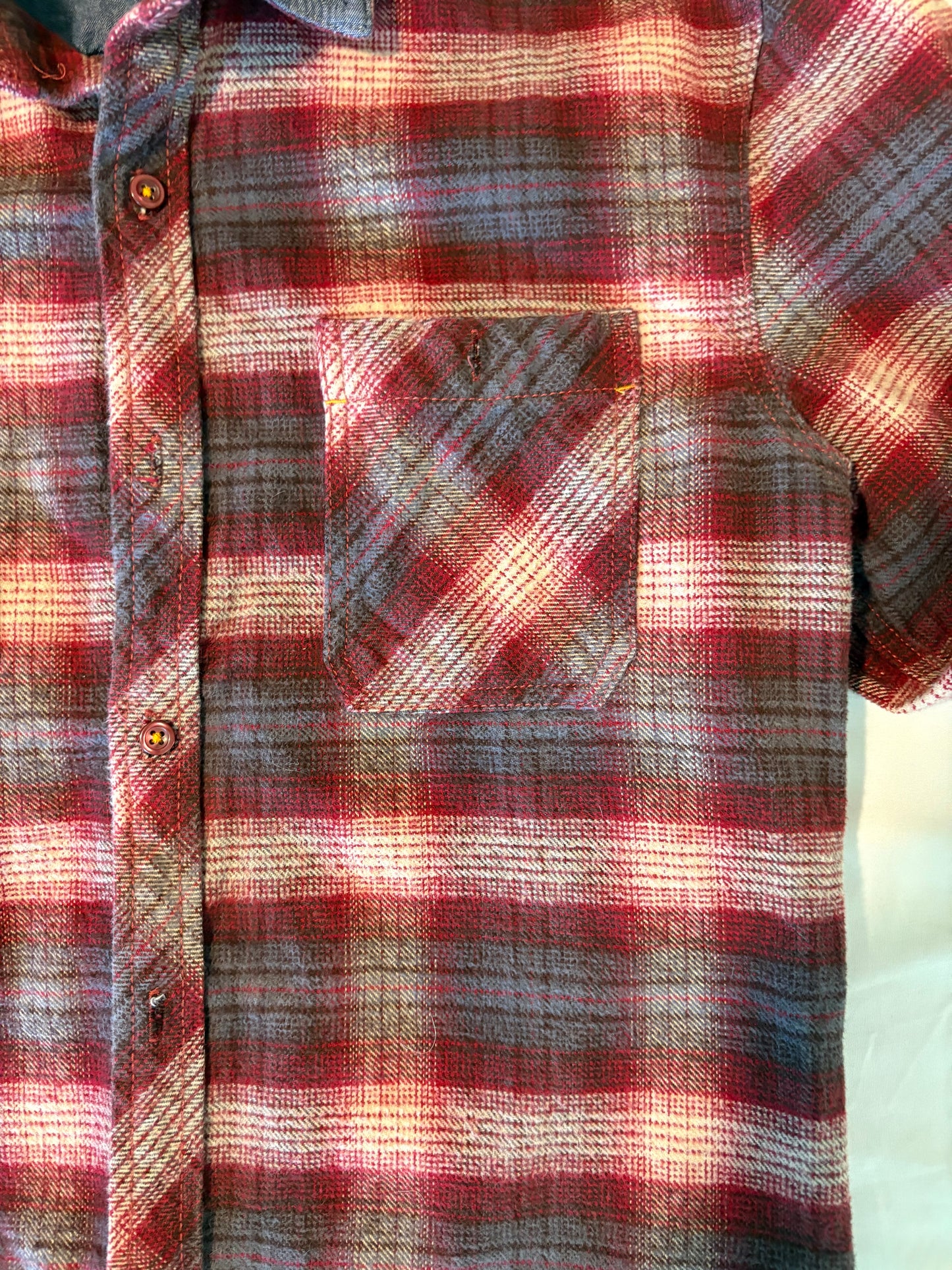 Raw Yarn Industries Plaid Flannel Shirt Red Gray Chambray Collar Size M