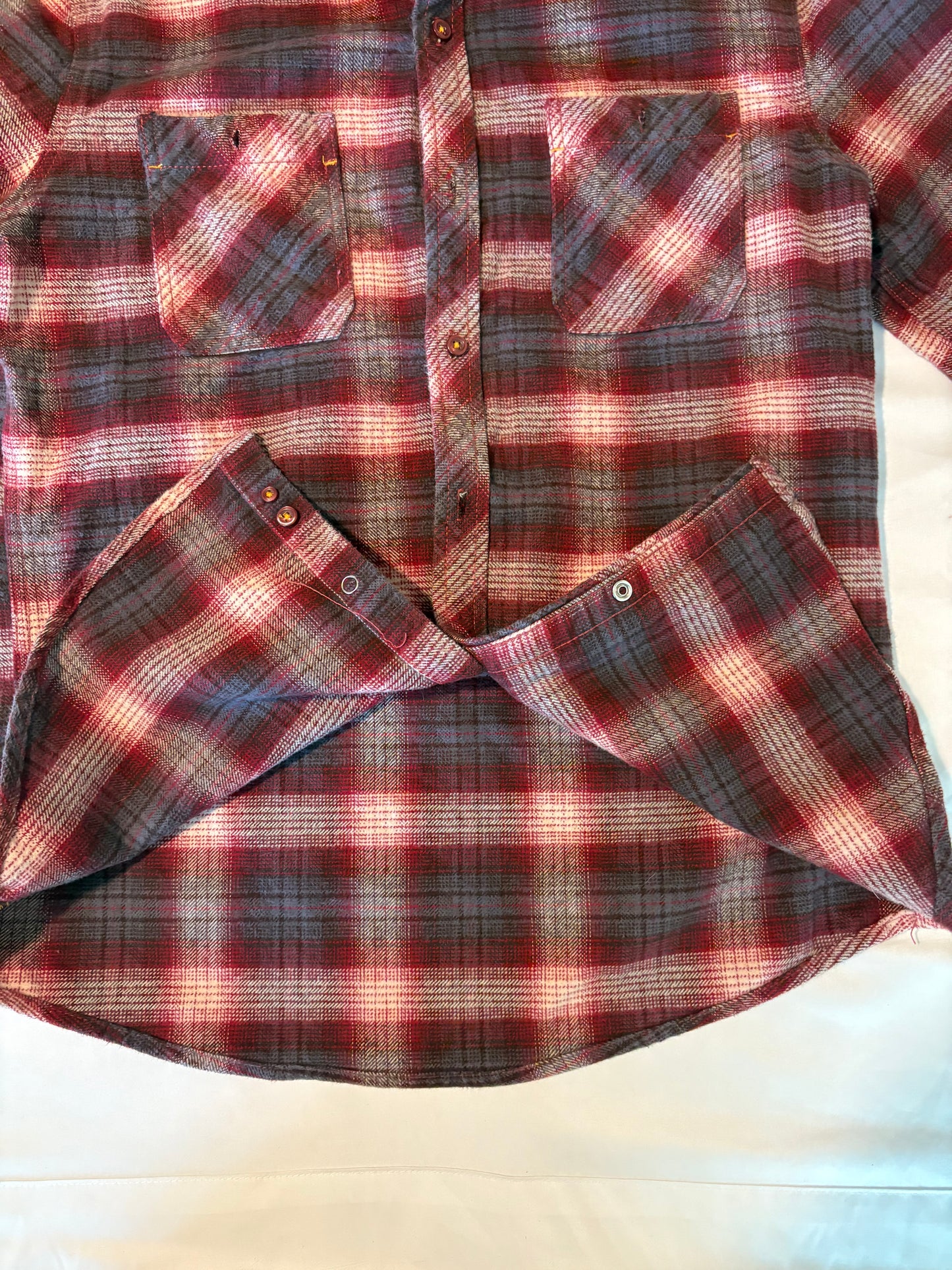 Raw Yarn Industries Plaid Flannel Shirt Red Gray Chambray Collar Size M