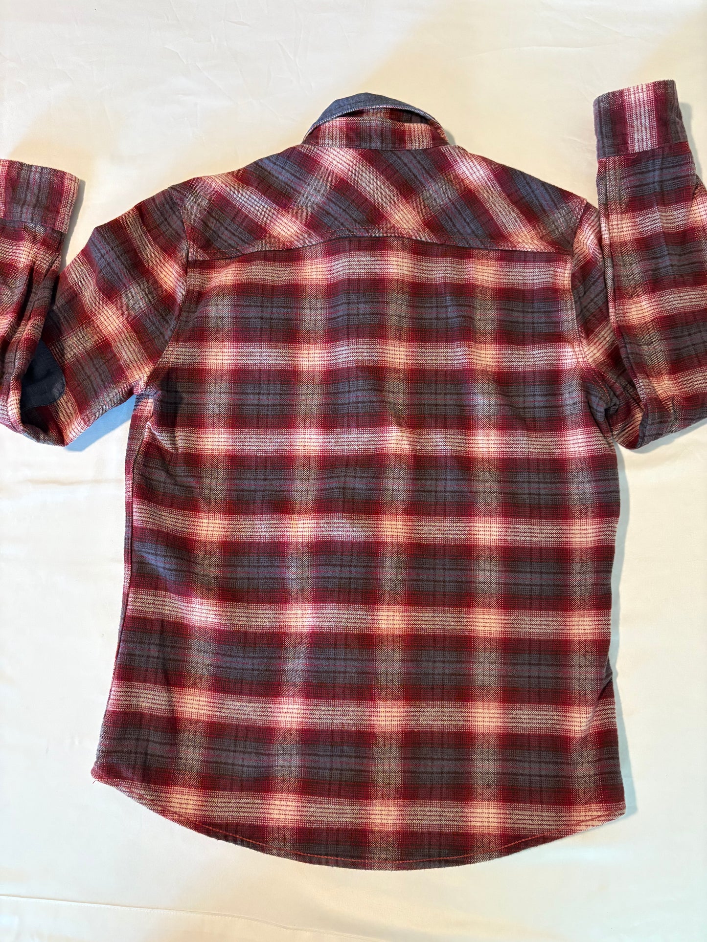 Raw Yarn Industries Plaid Flannel Shirt Red Gray Chambray Collar Size M
