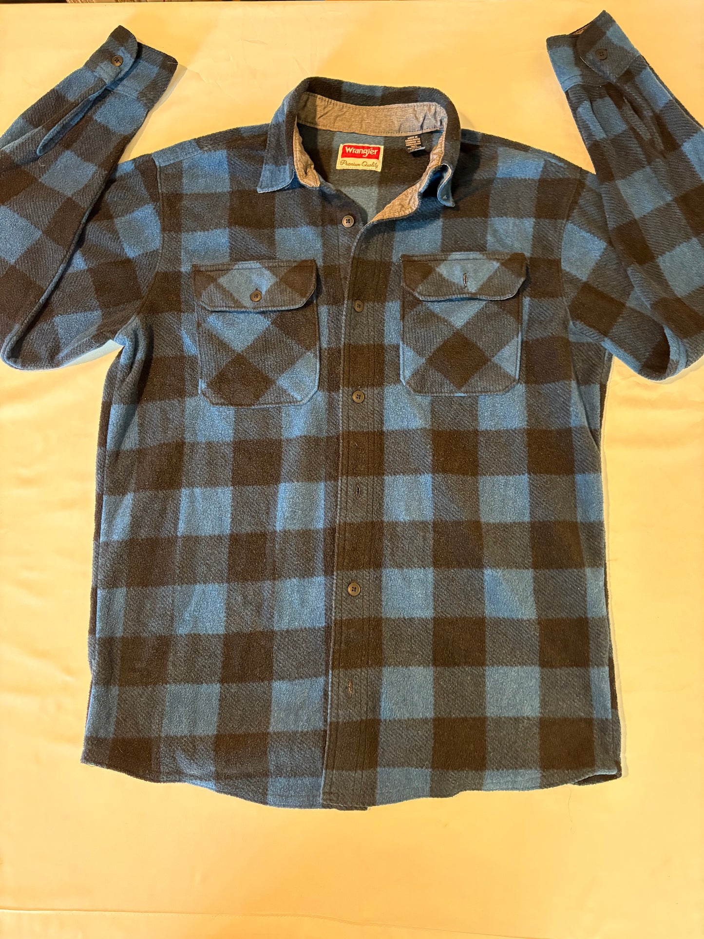 Wrangler Men's S Blue Black Buffalo Plaid Flannel Shirt Snap Front Pockets