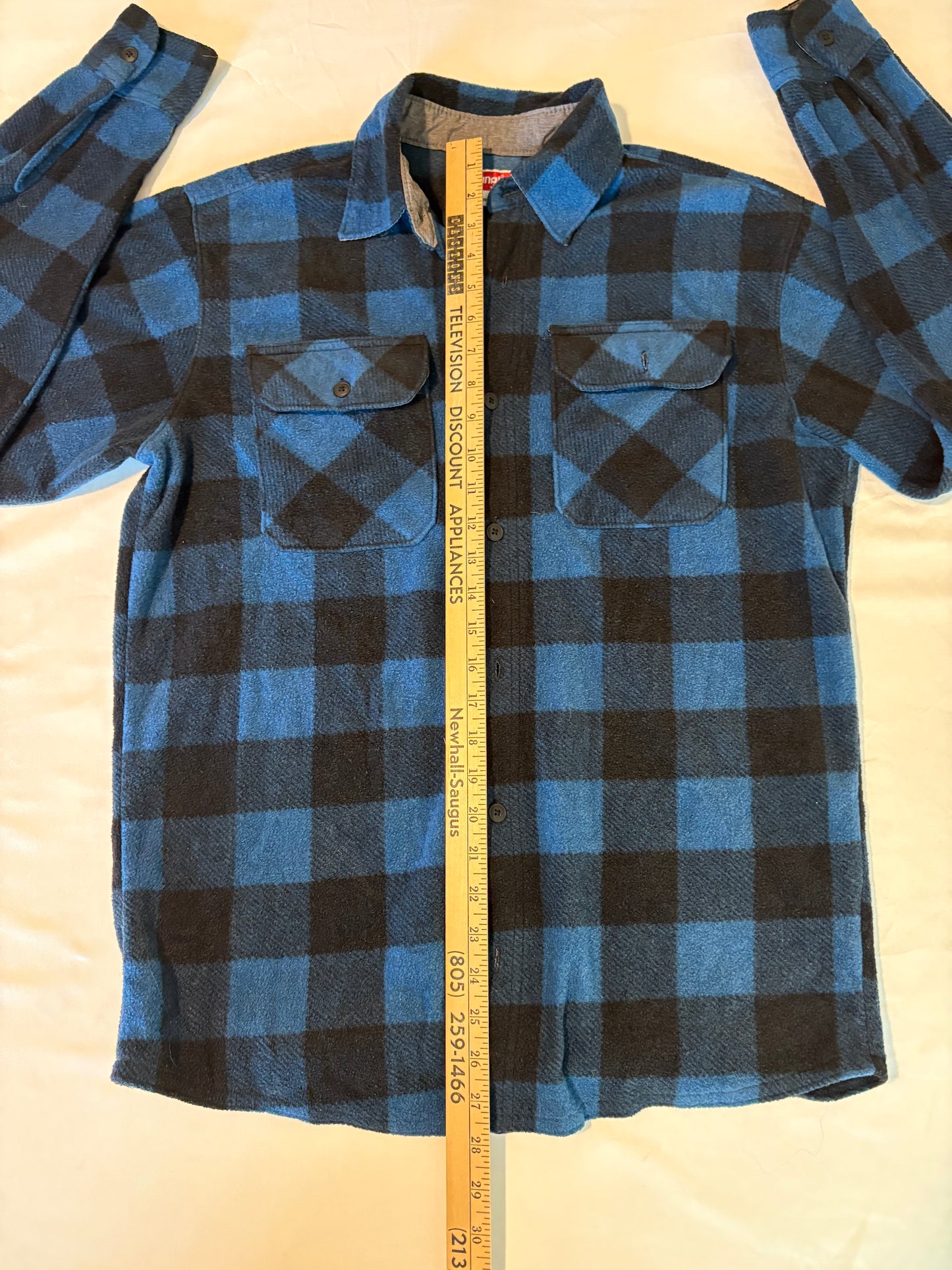Wrangler Men's S Blue Black Buffalo Plaid Flannel Shirt Snap Front Pockets
