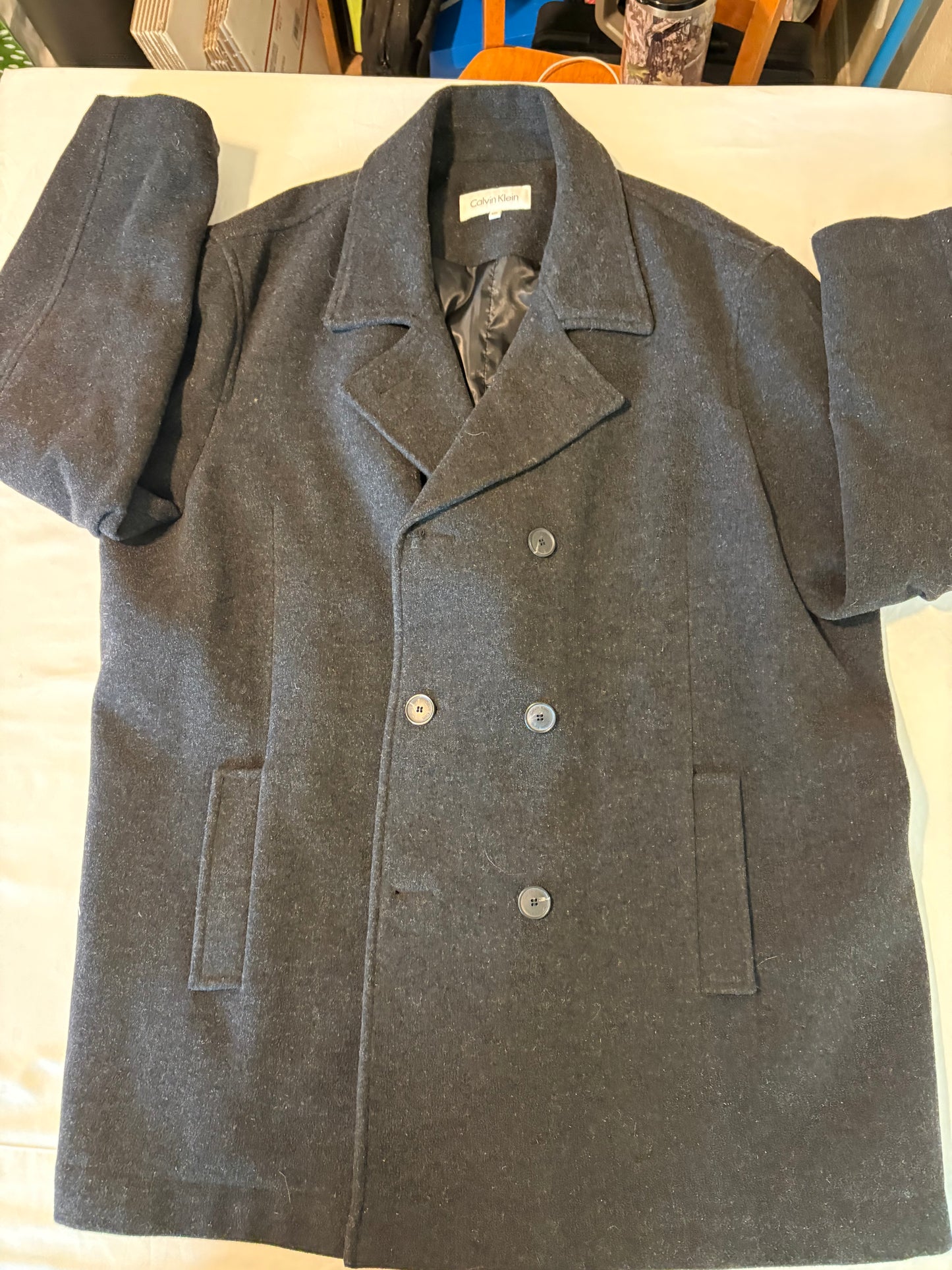 Calvin Klein Men’s Peacoat Jacket XXL Charcoal Wool Blend Double Breasted Coat