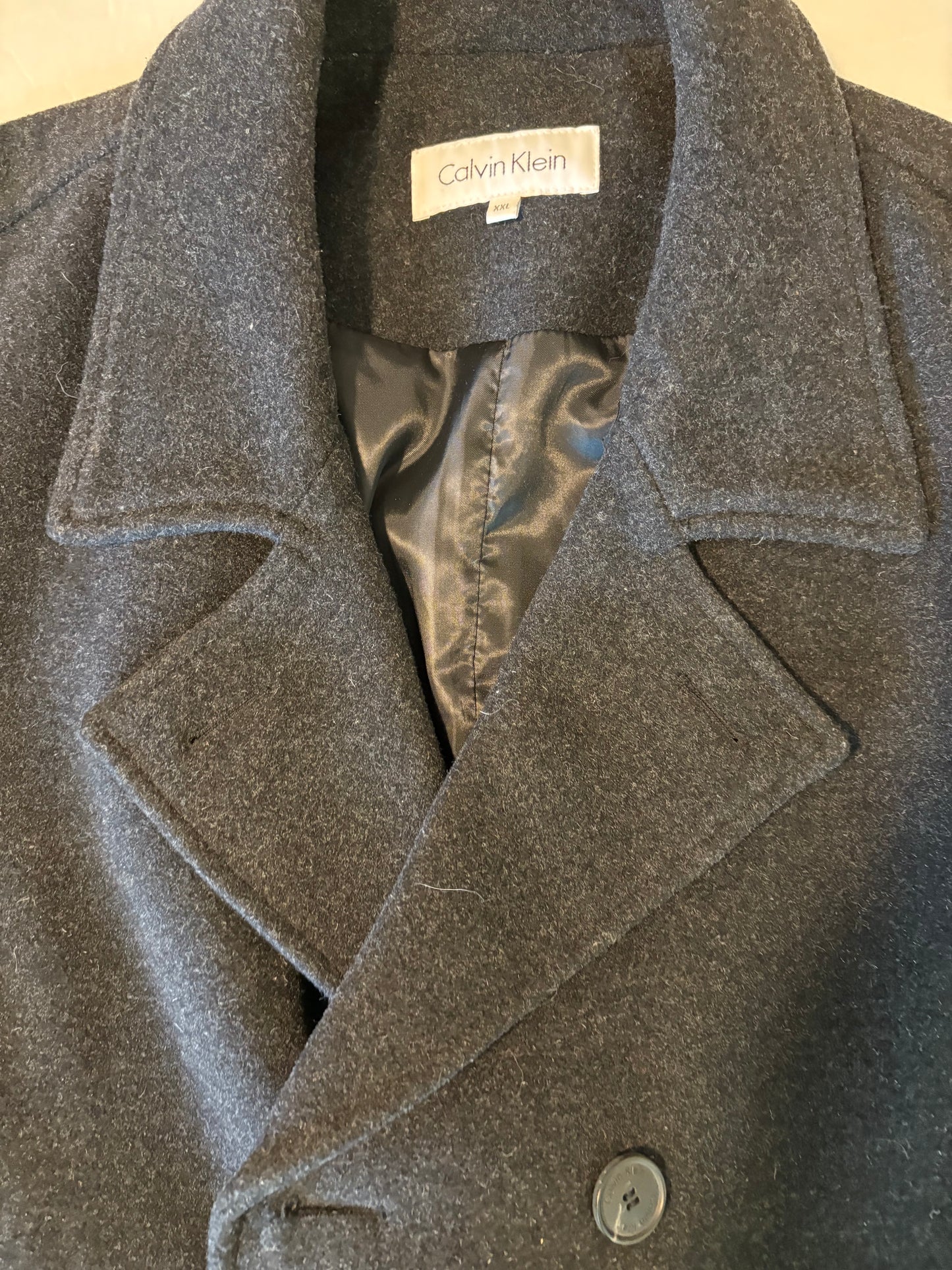 Calvin Klein Men’s Peacoat Jacket XXL Charcoal Wool Blend Double Breasted Coat