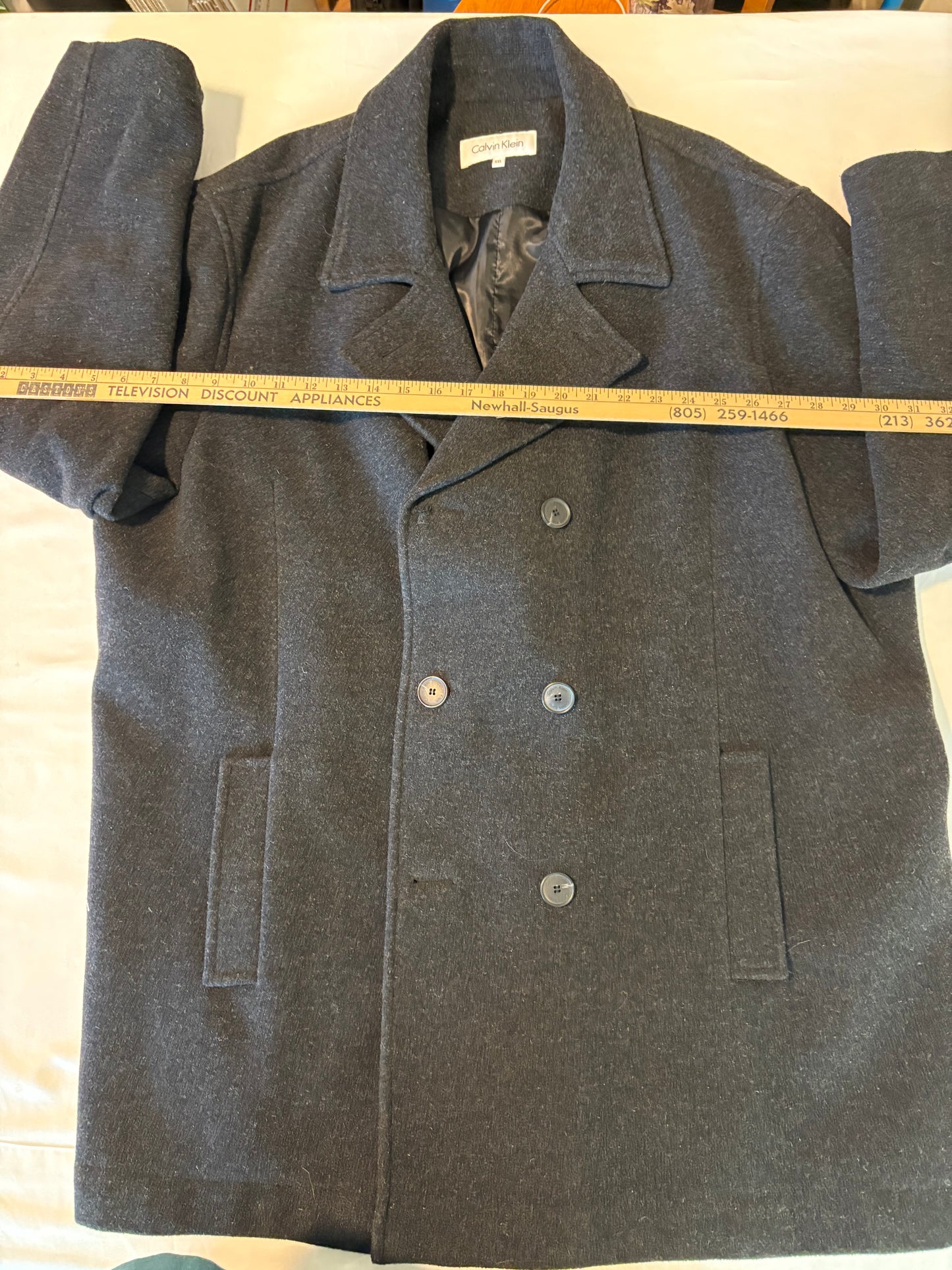 Calvin Klein Men’s Peacoat Jacket XXL Charcoal Wool Blend Double Breasted Coat