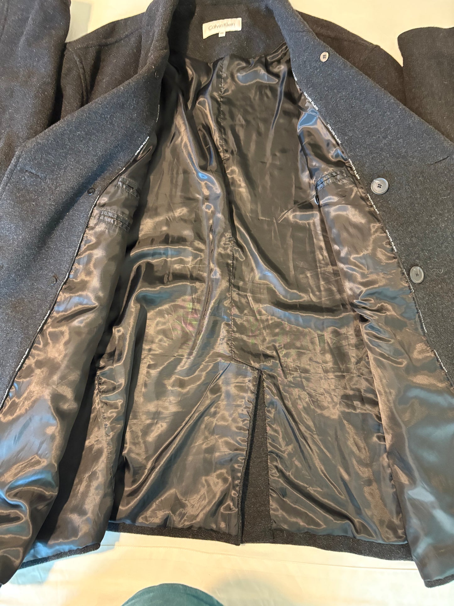 Calvin Klein Men’s Peacoat Jacket XXL Charcoal Wool Blend Double Breasted Coat