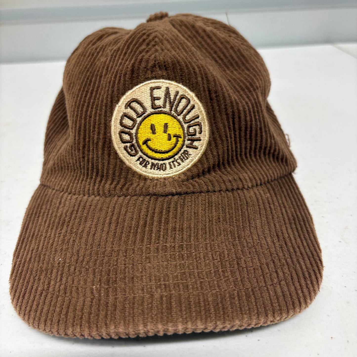 Good Enough Corduroy Dad Hat Brown Smiley Logo Strapback Skate Streetwear