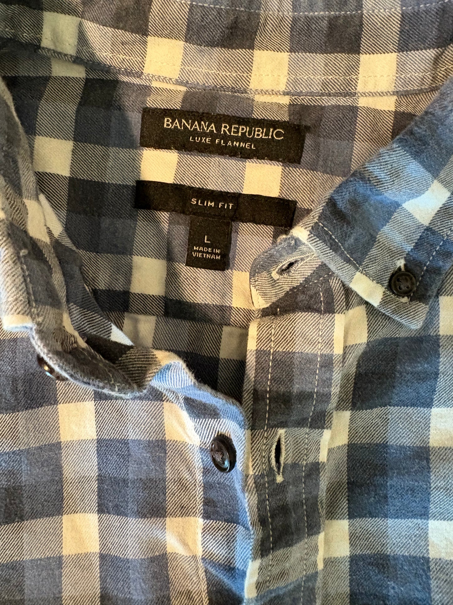 Banana Republic Luxe Flannel Shirt Men’s L Slim Fit Blue White Plaid Long Sleeve