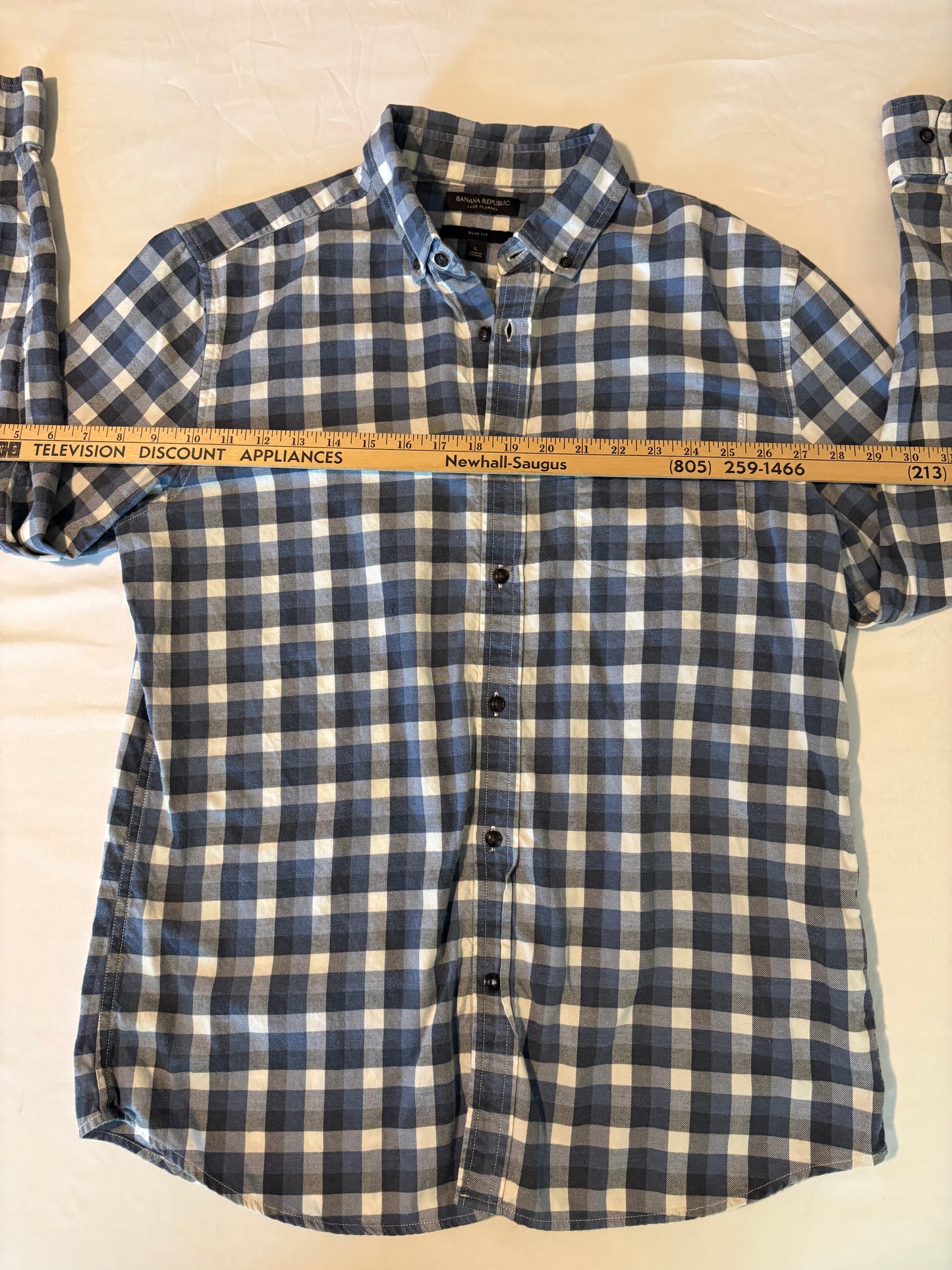 Banana Republic Luxe Flannel Shirt Men’s L Slim Fit Blue White Plaid Long Sleeve
