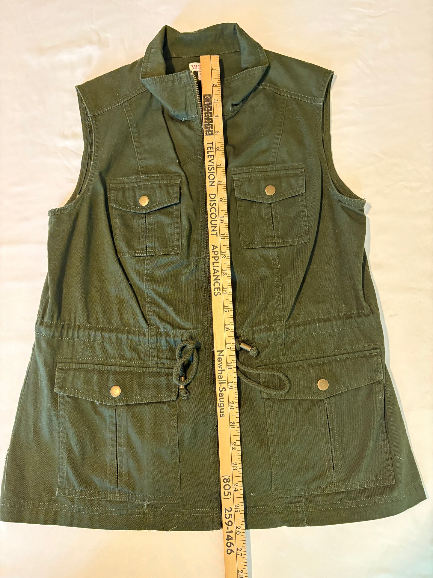 Merona Olive Green Utility Vest Women’s Size M Drawstring Cargo Pockets Zip Front