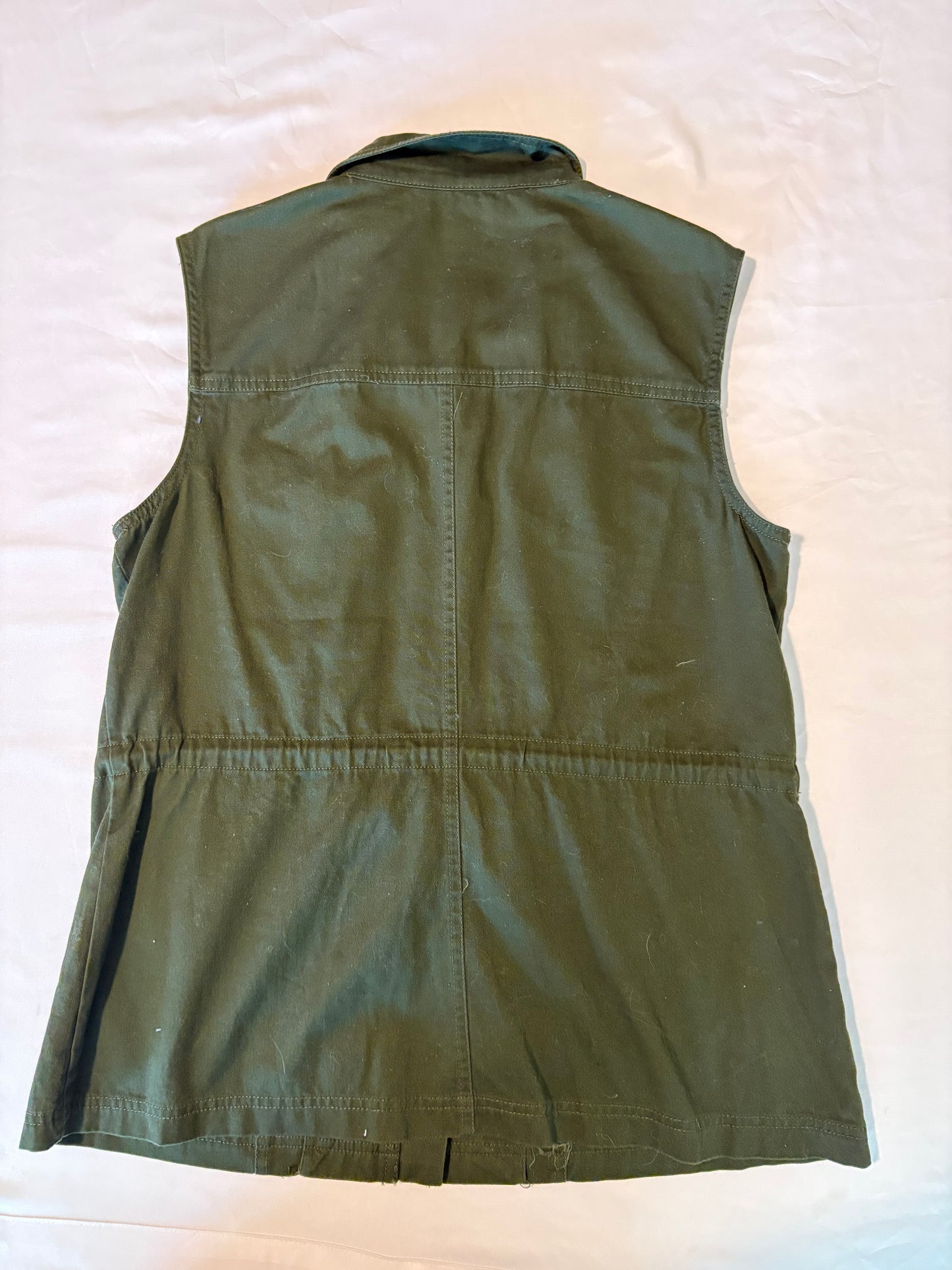 Merona Olive Green Utility Vest Women’s Size M Drawstring Cargo Pockets Zip Front