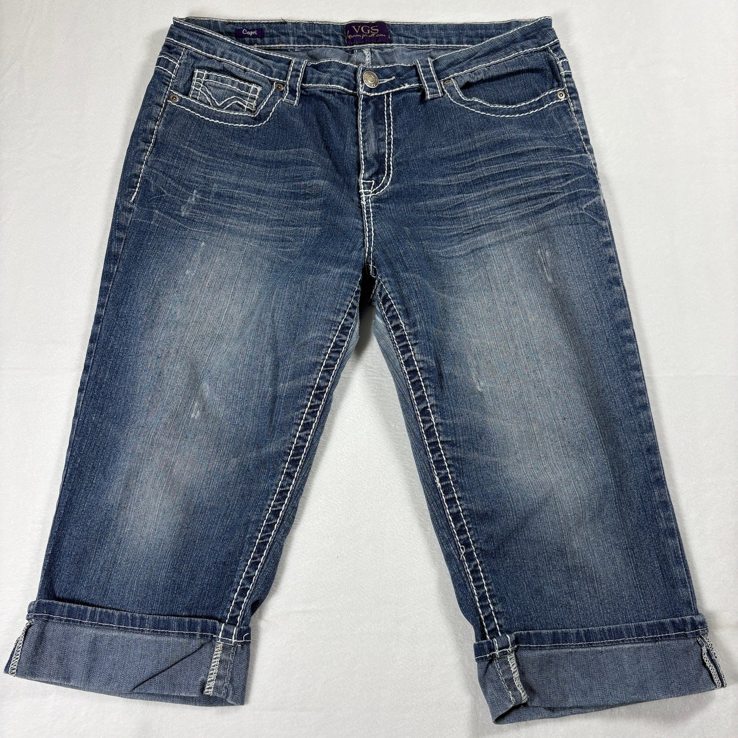 VGS Capri Jeans Womens 12 Cuffed Blue Denim Stretch Mid Rise Distressed Casual Fit