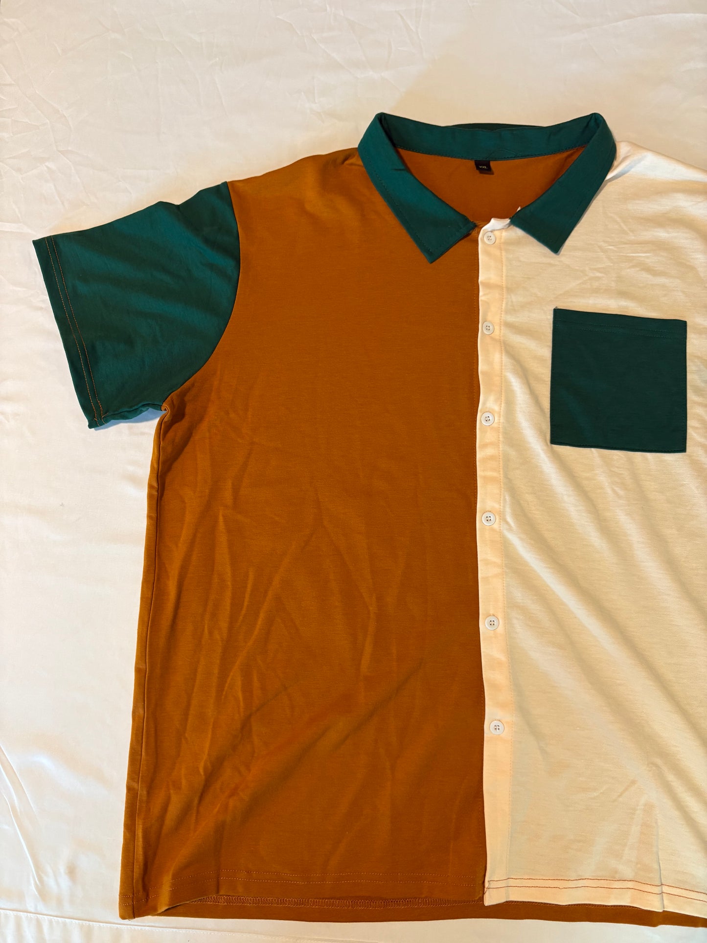Colorblock Button Up Polo Shirt XXL Brown White Green Retro Streetwear Style