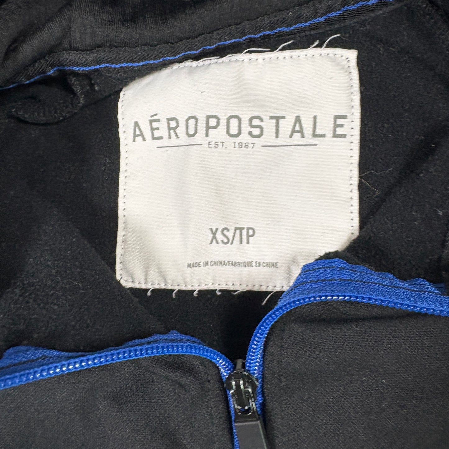 Aeropostale Mens Black Zip Hoodie XS Blue Trim AERO 87 Athletic Y2K Streetwear