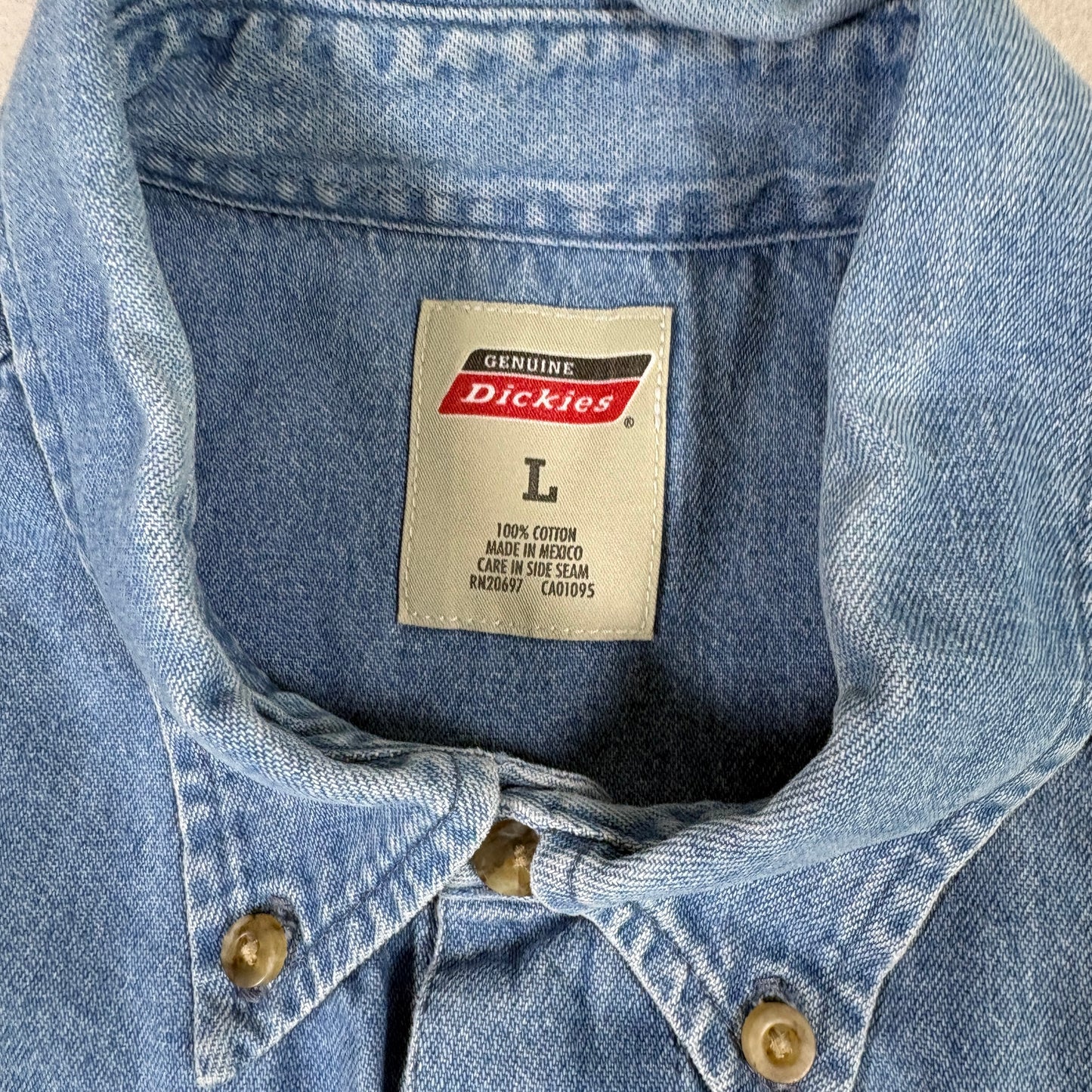 Dickies Mens Denim Button Up Shirt L Blue 100% Cotton Workwear Y2K Grunge