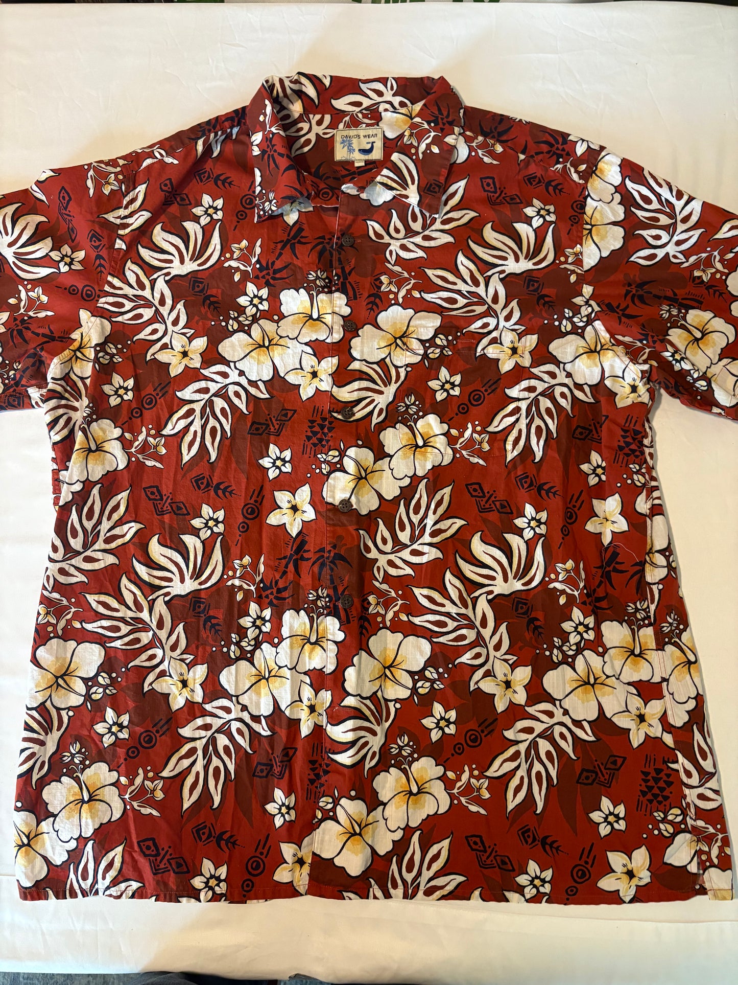 David's Wear Hawaiian Shirt XXXL Red Aloha Floral Button Front Short Sleeve Luau