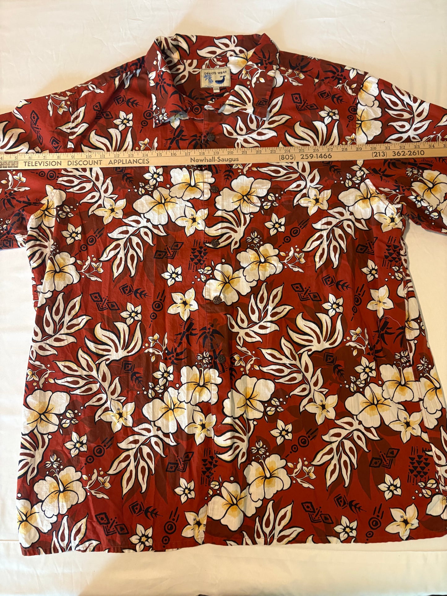 David's Wear Hawaiian Shirt XXXL Red Aloha Floral Button Front Short Sleeve Luau
