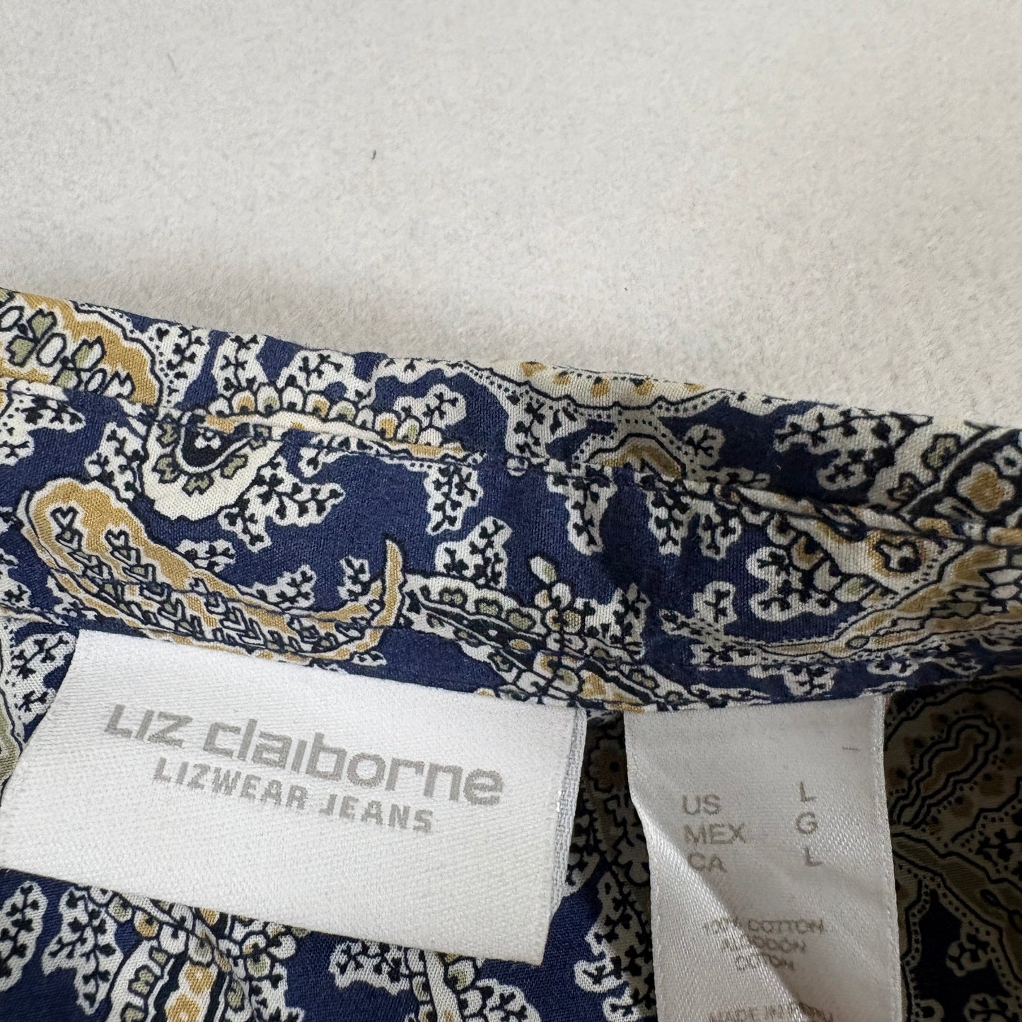 Liz Claiborne Lizwear Womens Paisley Shirt L Blue Gold 100% Cotton Vintage