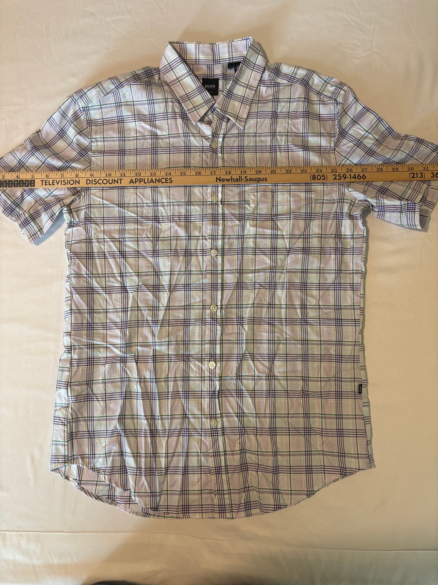 Hugo Boss Mens Shirt L Slim Fit Short Sleeve Button Up Plaid Purple Green White