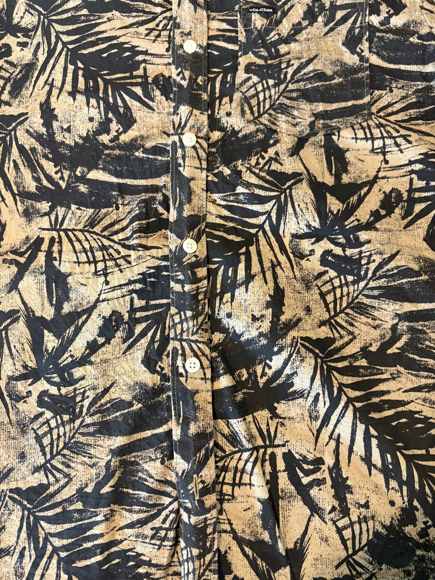 Volcom Men's Shirt M Button-Up Palm Print Short Sleeve Black Tan Casual Surf Style