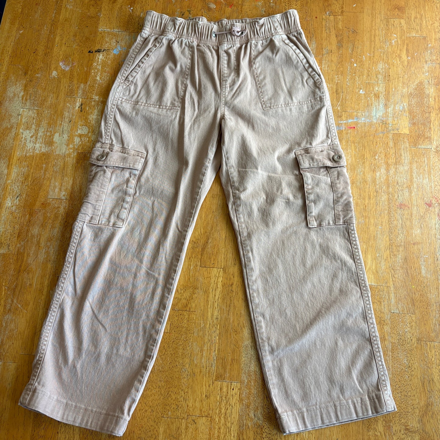 Cargo Pants Beige Utility Wide Leg Elastic Waist Drawstring Fits Like 26X24