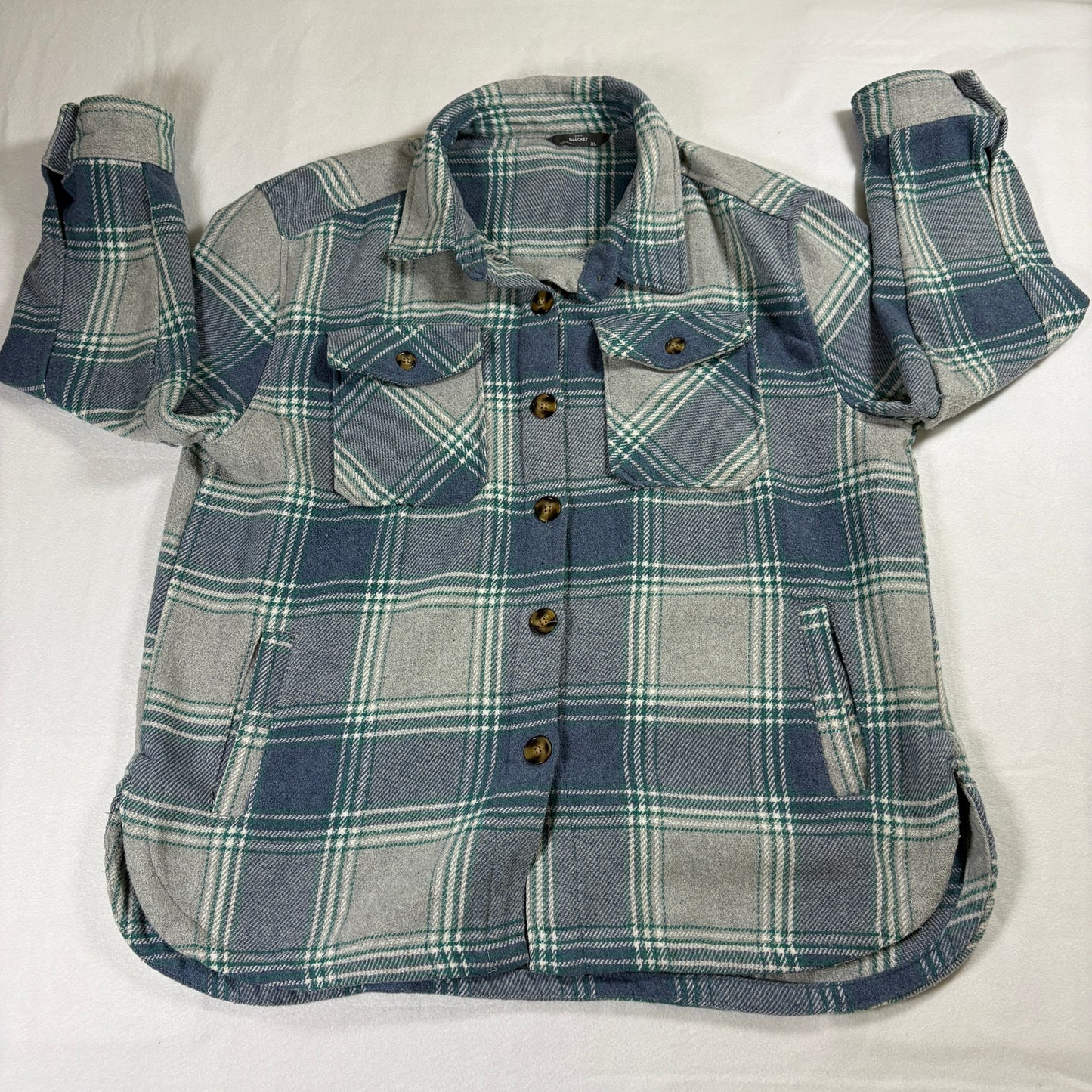 Plaid Shacket Womens XL Blue Green Gray Button Up Oversized Retro Casual Coat