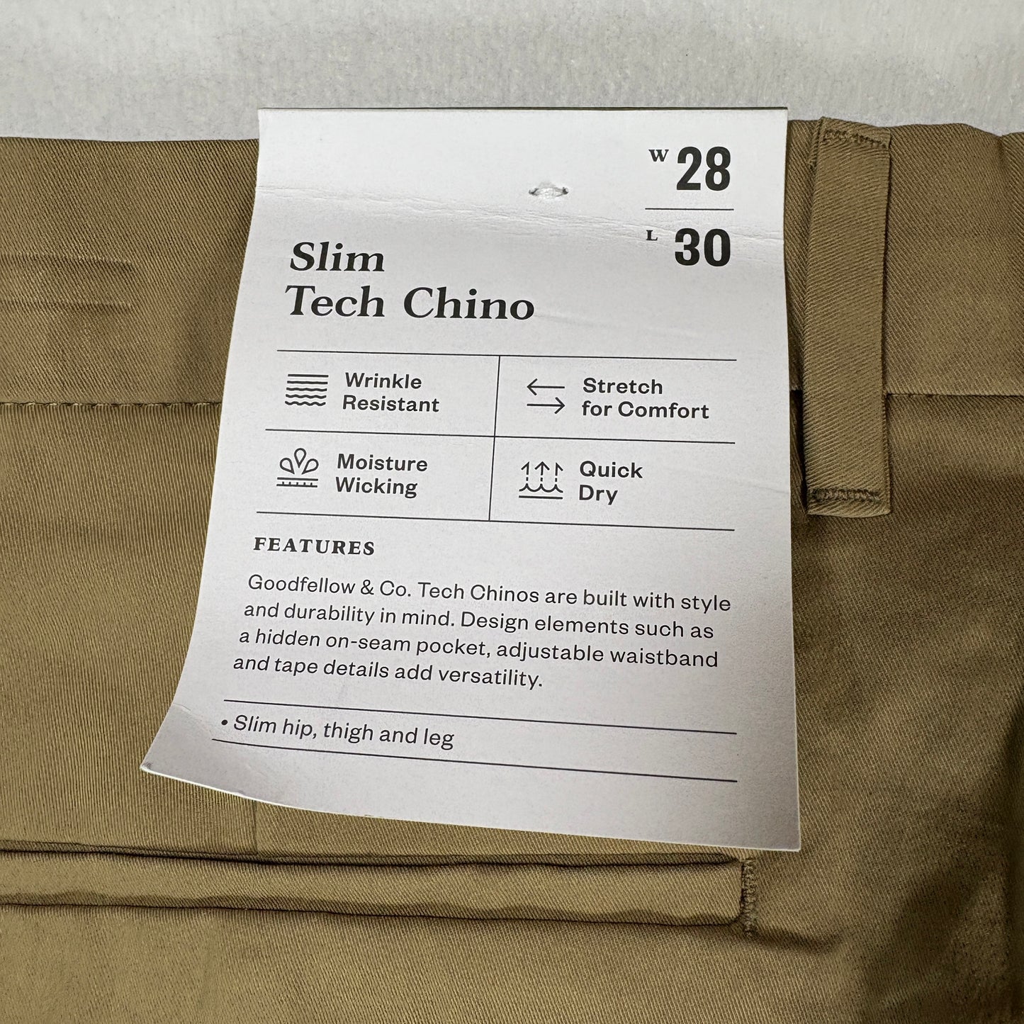 NWT Goodfellow & Co Mens Chino Pants 28x30 Slim Tech Khaki Stretch Wrinkle Resist