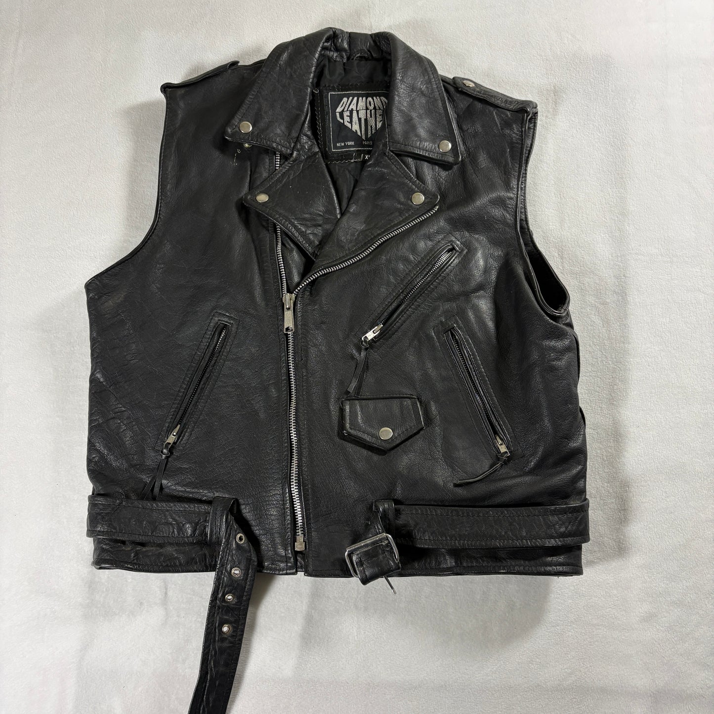 Diamond Leather Mens XL Black Biker Vest Zip Moto Motorcycle Genuine Leather