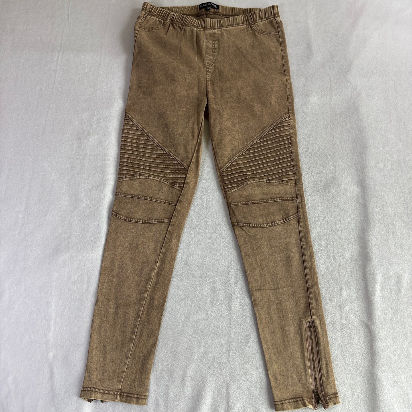 Moto Skinny Jeans Ribbed Panel Zipper Ankle Rae Mode L Fits Like 28X28 Tan