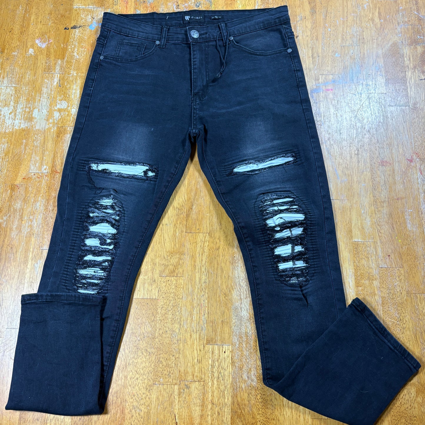 Waimea Jeans Mens 32 Black Skinny Distressed Streetwear Y2K Denim Fit Black Ink