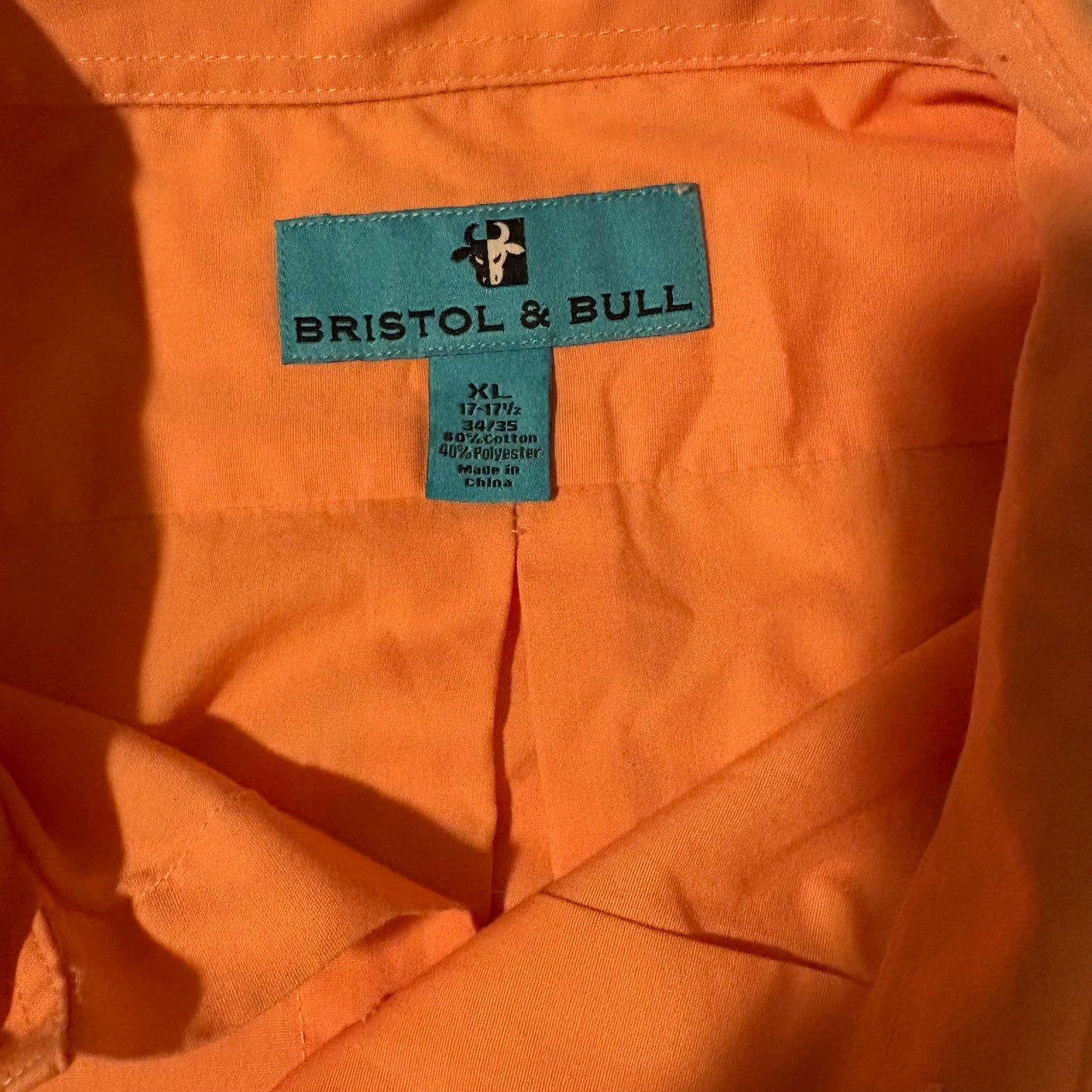 Bristol & Bull XL Orange Dress Shirt Long Sleeve Button Front Cotton Blend 17 1/2 34/35