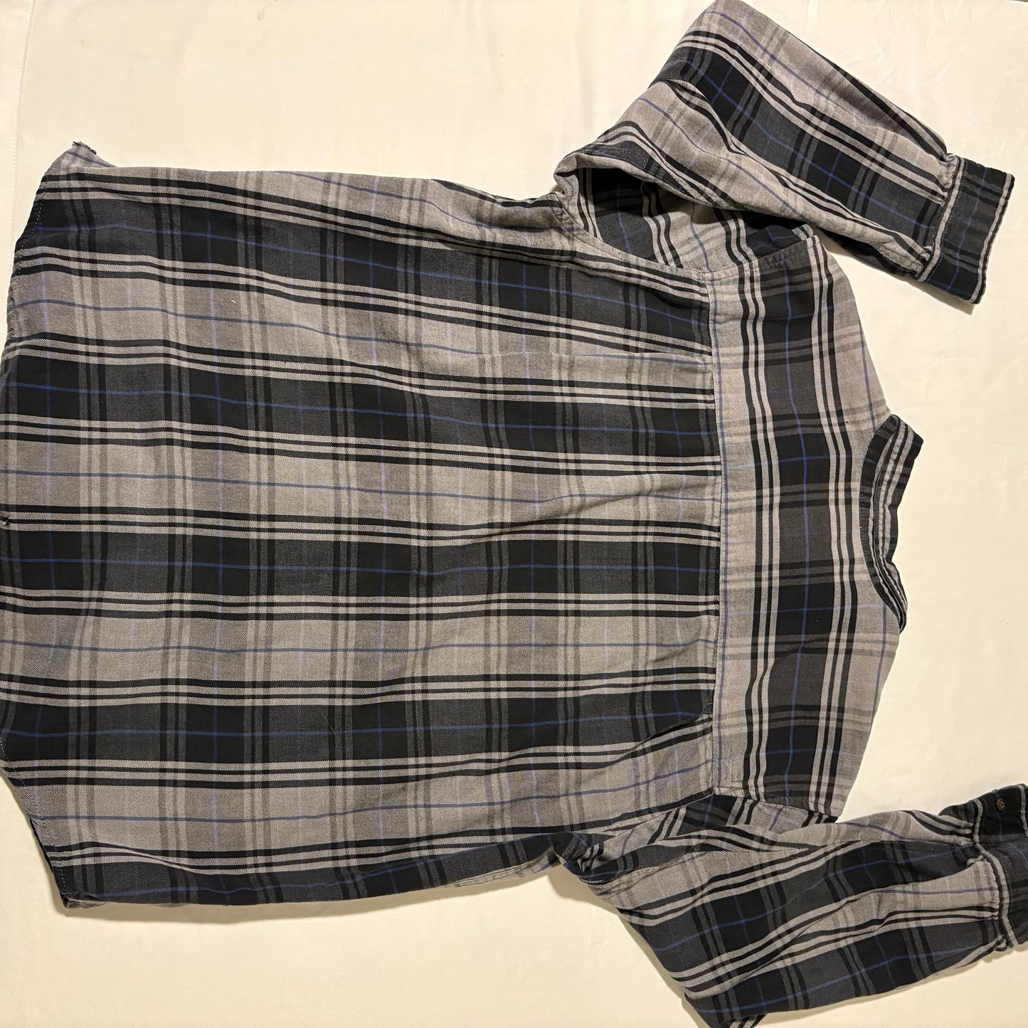 Men’s XL Gray Black Blue Plaid Flannel Button Up Long Sleeve Shirt 100% Cotton Workwear