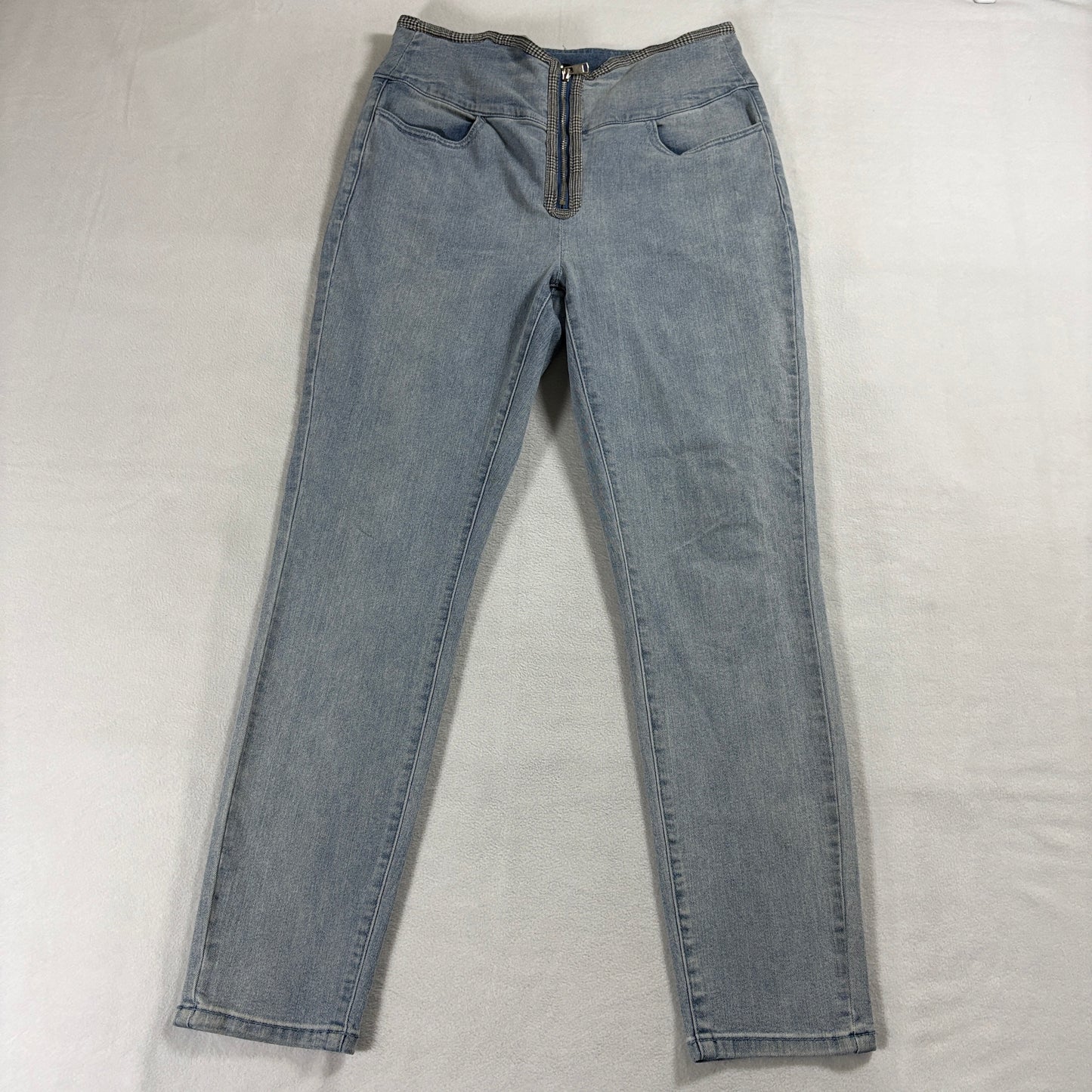 High Rise Front Zip Skinny Jeans Stretch Womens Tag L Fits Like 30X28 Light Wash