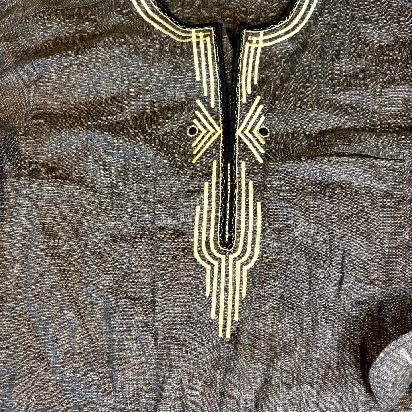Awo’s Creations Men’s African Linen Tunic Shirt XL Black Embroidered Made in Ghana