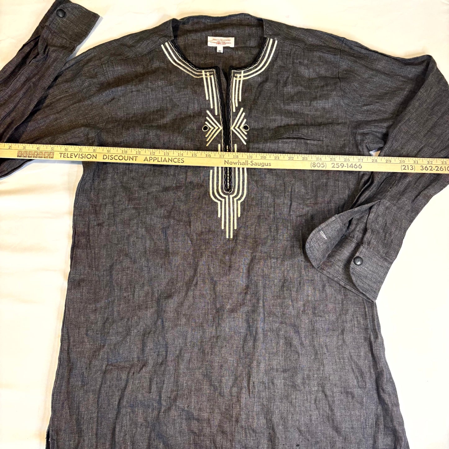 Awo’s Creations Men’s African Linen Tunic Shirt XL Black Embroidered Made in Ghana