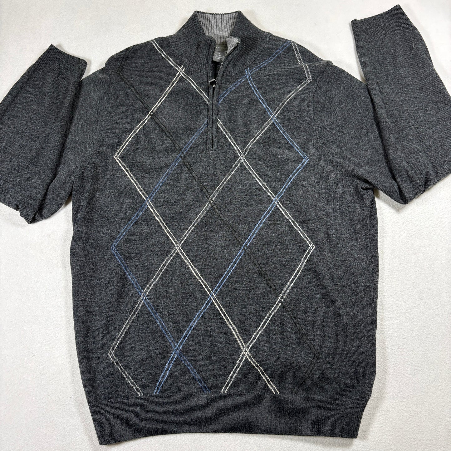 Tricots St Raphael Mens L Gray Argyle 1/4 Zip Sweater Knit Pullover Golf Retro