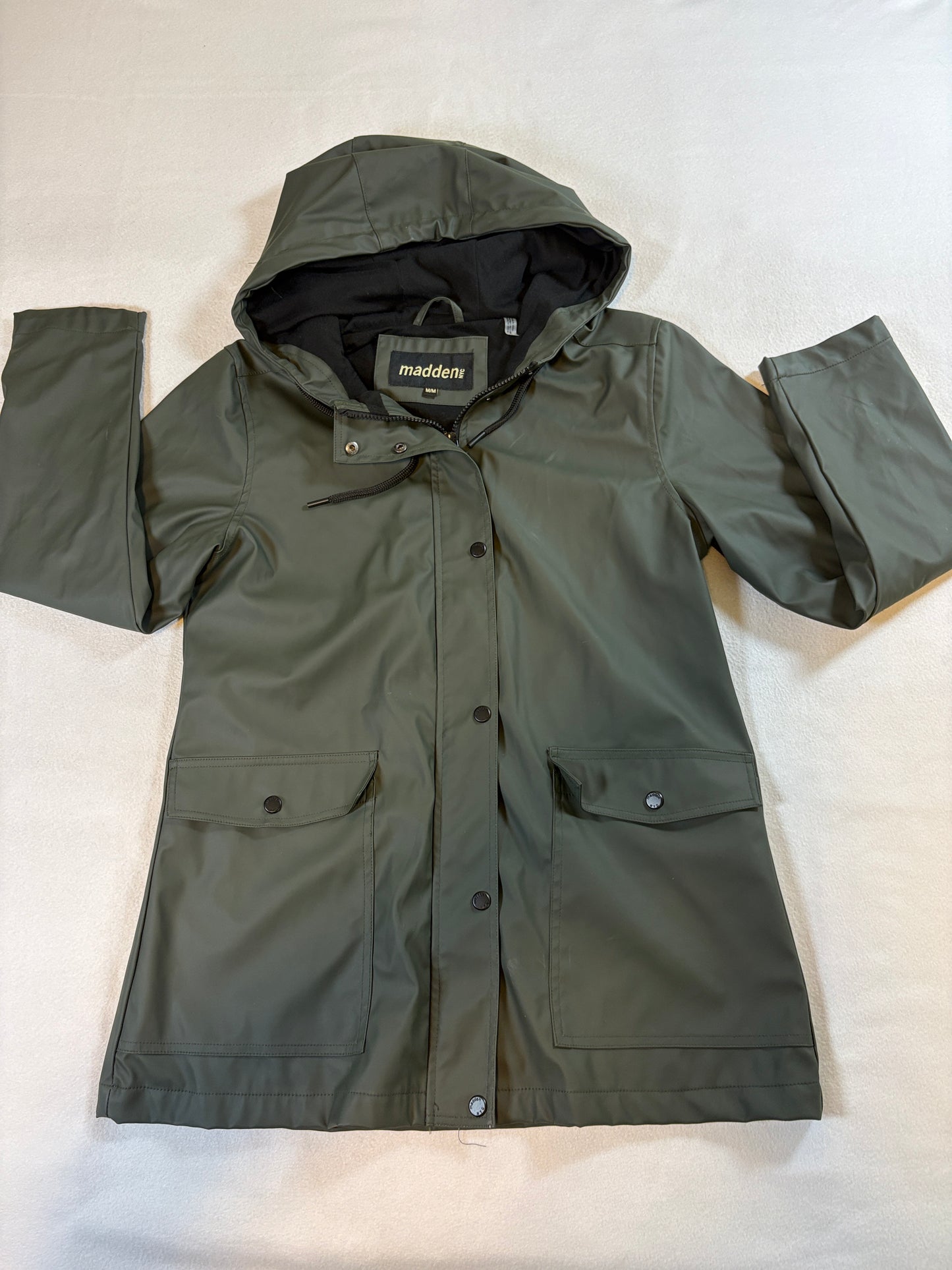 Rain Jacket Hooded Utility Madden NYC M Fits Like X Green Rubber Coated Parka