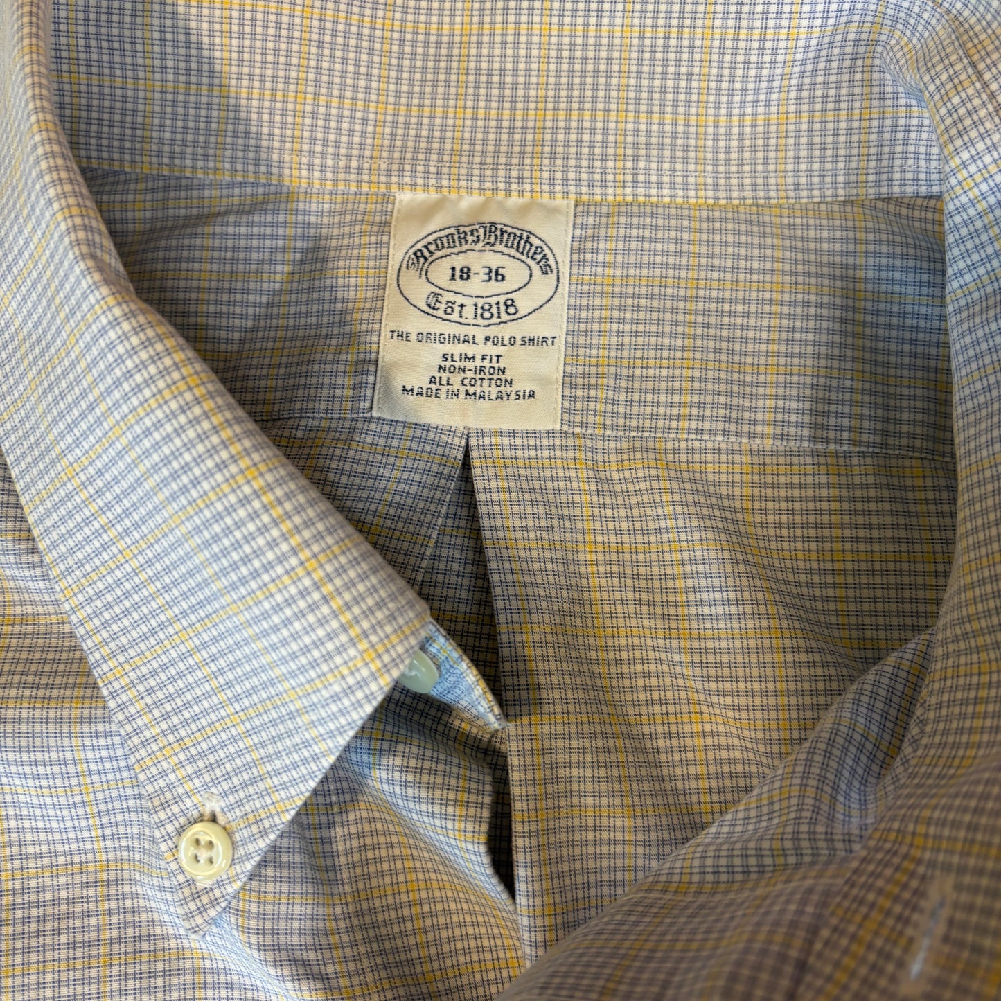 Brooks Brothers 346 Slim Fit Dress Shirt Men 18-36 Blue Yellow Plaid Non-Iron Cotton