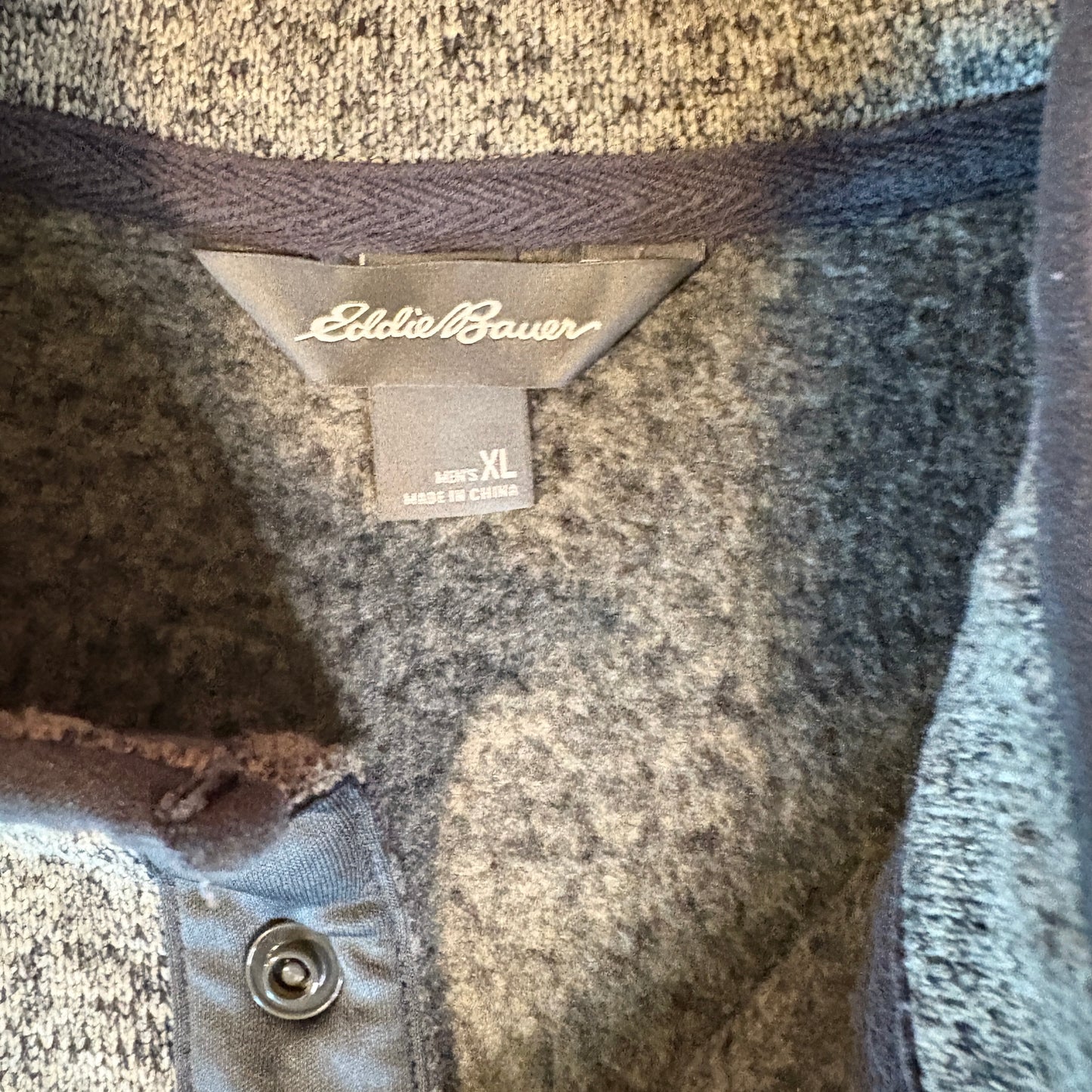 Eddie Bauer Men’s Pullover Sweater XL Gray Button Mock Neck Fleece Lined Warm